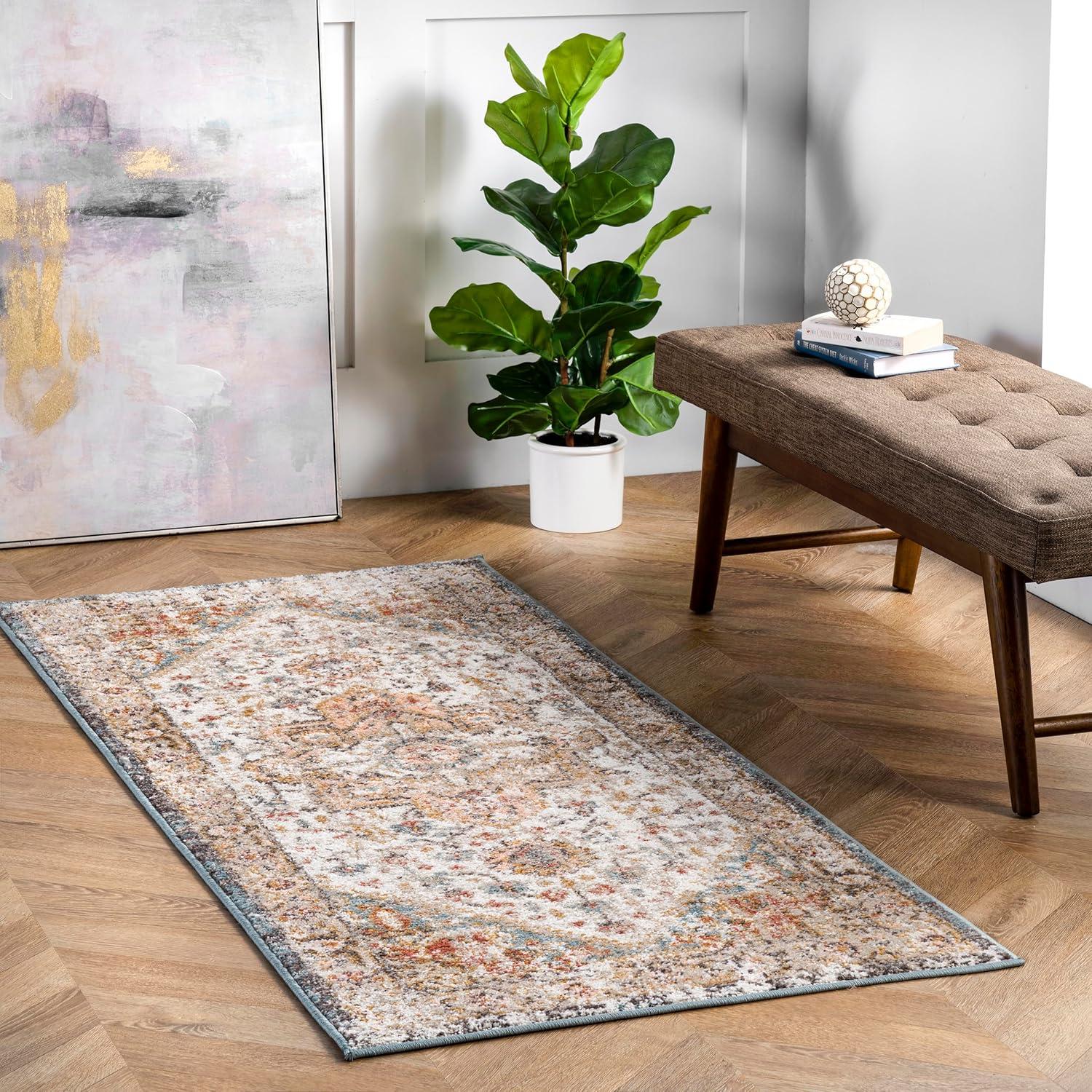 Nuloom 2x10 Justine Vintage Medallion Indoor Area Rug, Beige, Faded Persian Design, Stain Resistant, BedroomLiving Room, Kitchen,