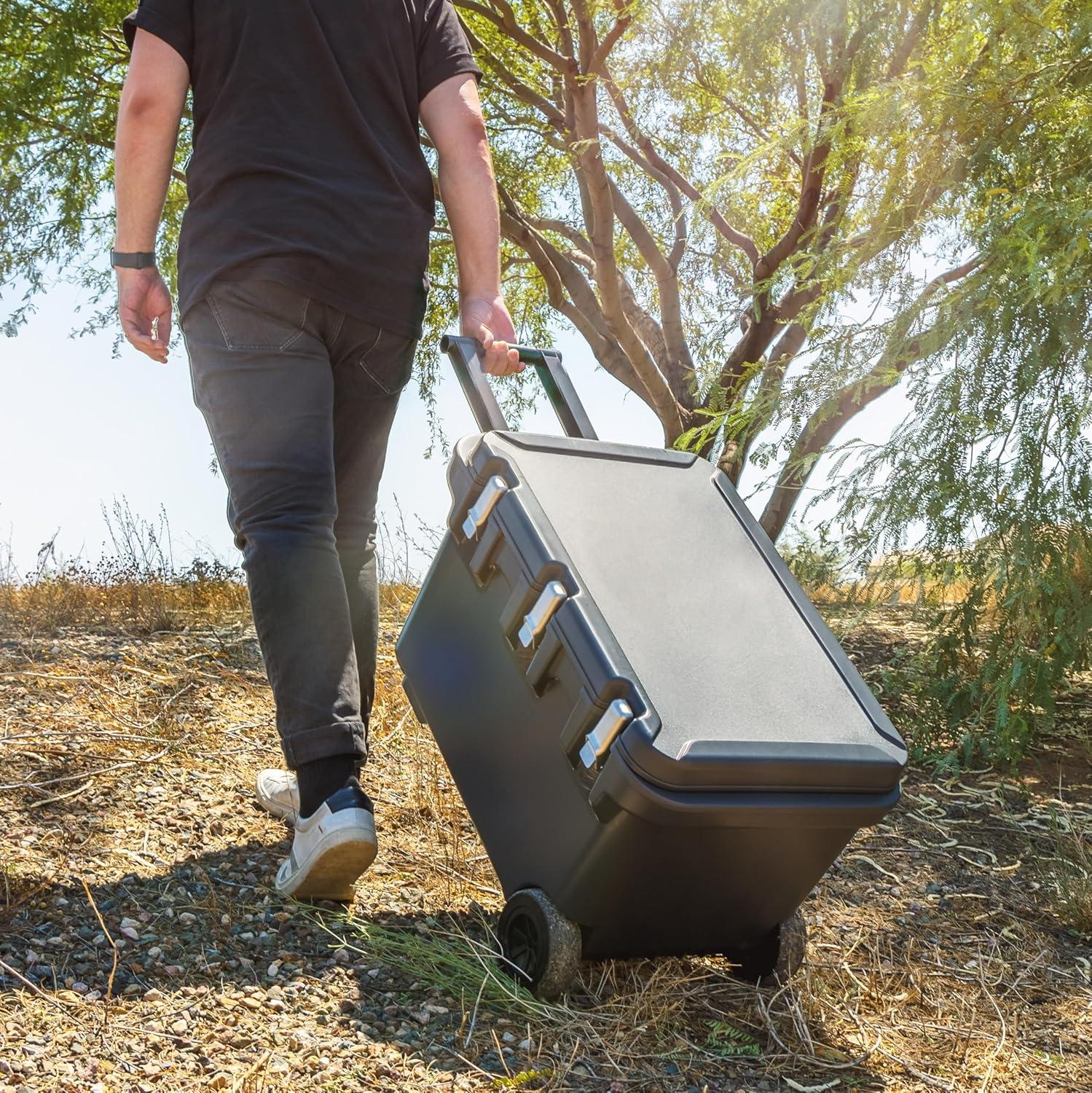 IRIS USA HUGEL 64 QT Cooler Box Insulated, Hard Cooler, Vacuum-Insulated Panels Durable Portable Ice Chest with Built-in Handle and Wheels, Black