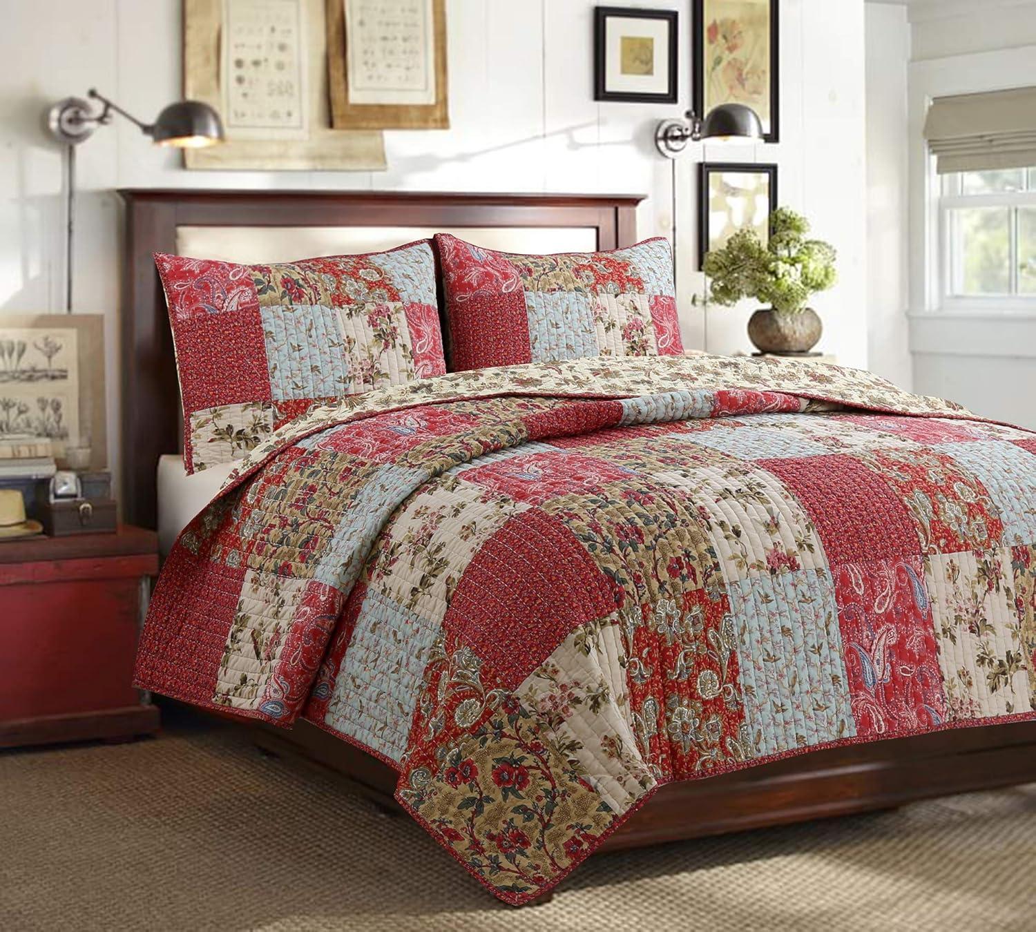 Queen Blue and Red Cotton Reversible Patchwork Quilt Set