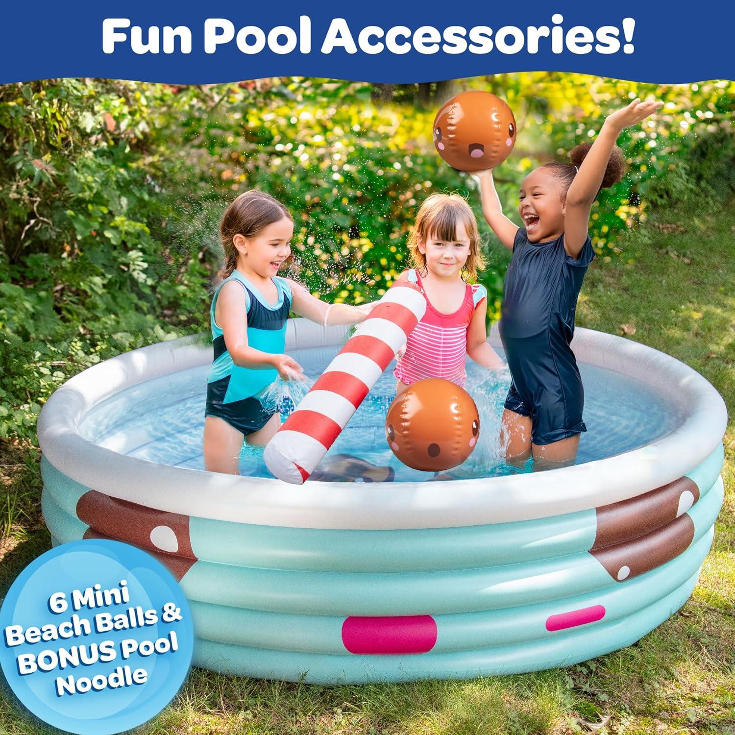 Inflatable 67 x 26 Large Kiddie Pool- Kawaii Inspired Kid's Pool w Mini Boba Beach Balls & Pool Noodle Straw - Family Sized For Summer Fun!