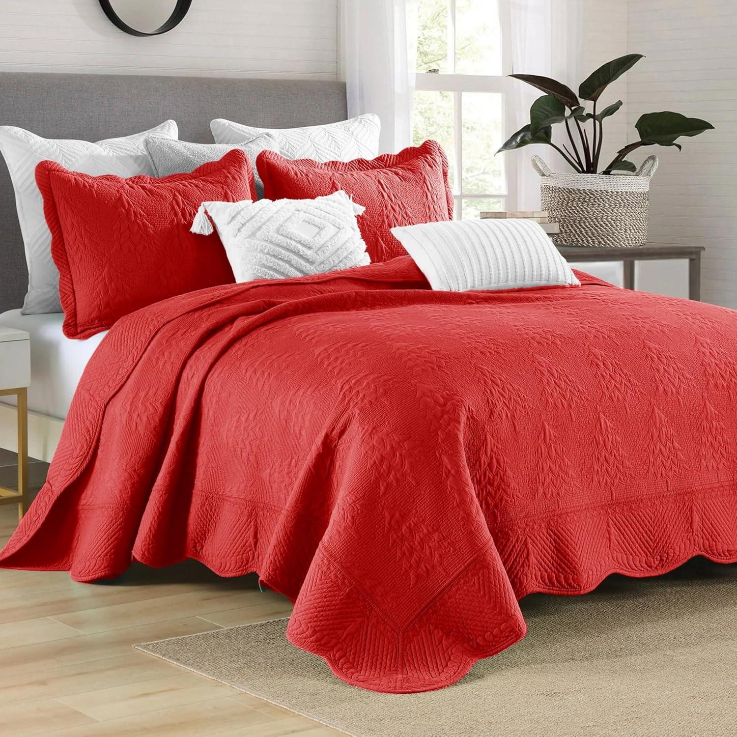 3 Pcs Festive Christmas Quilt Bedspread Set Holiday Bedding Medallion Red