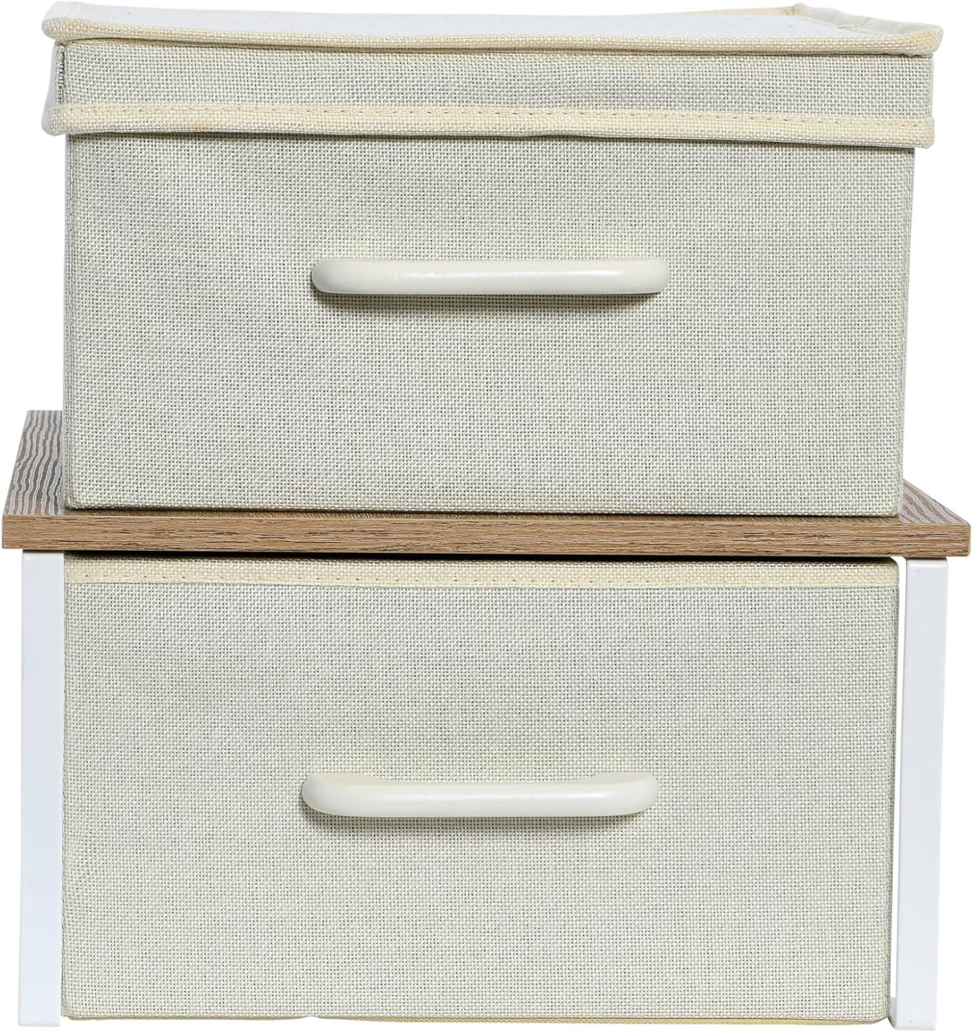 Household Essentials Stacking Storage Boxes with Laminate Top Coastal Oak: MDF Decorative Storage with Lids, Off-White