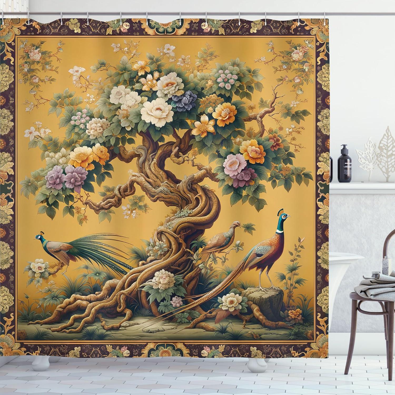 Abstract Shower Curtain, Retro Vertical Striped Background in Different Shades of Earthen Tones Image, Fabric Bathroom Set with Hooks, 69W X 70L Inches, Tan and Brown, by Ambesonne