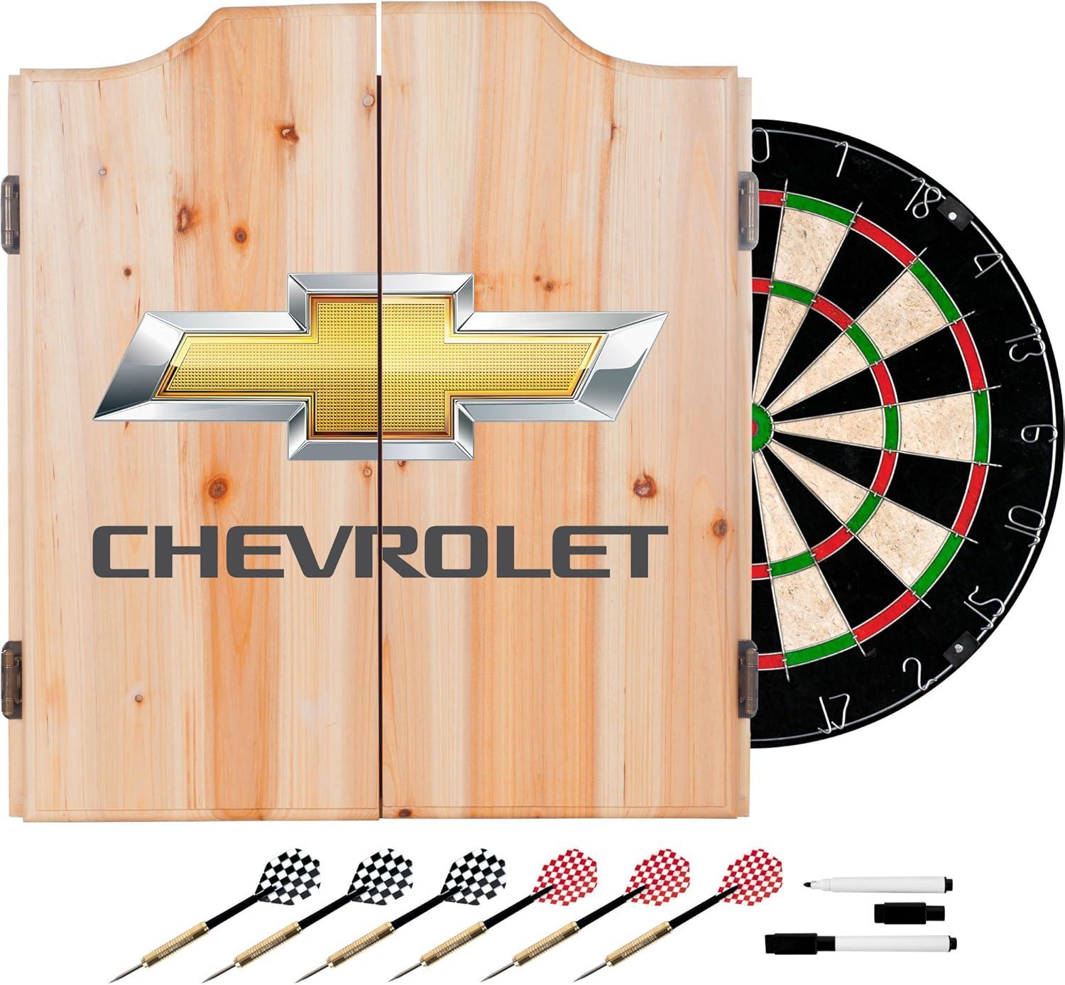 Chevrolet Medium Wood Finish Dart Cabinet Set with Bristle Board