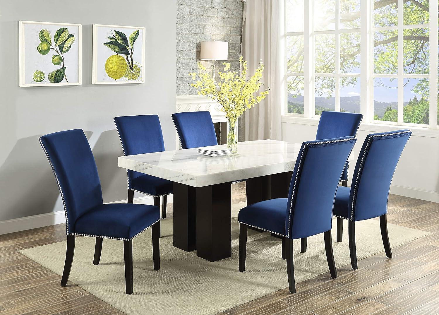 Camila White Marble Top Dining Set with Blue Velvet Chairs