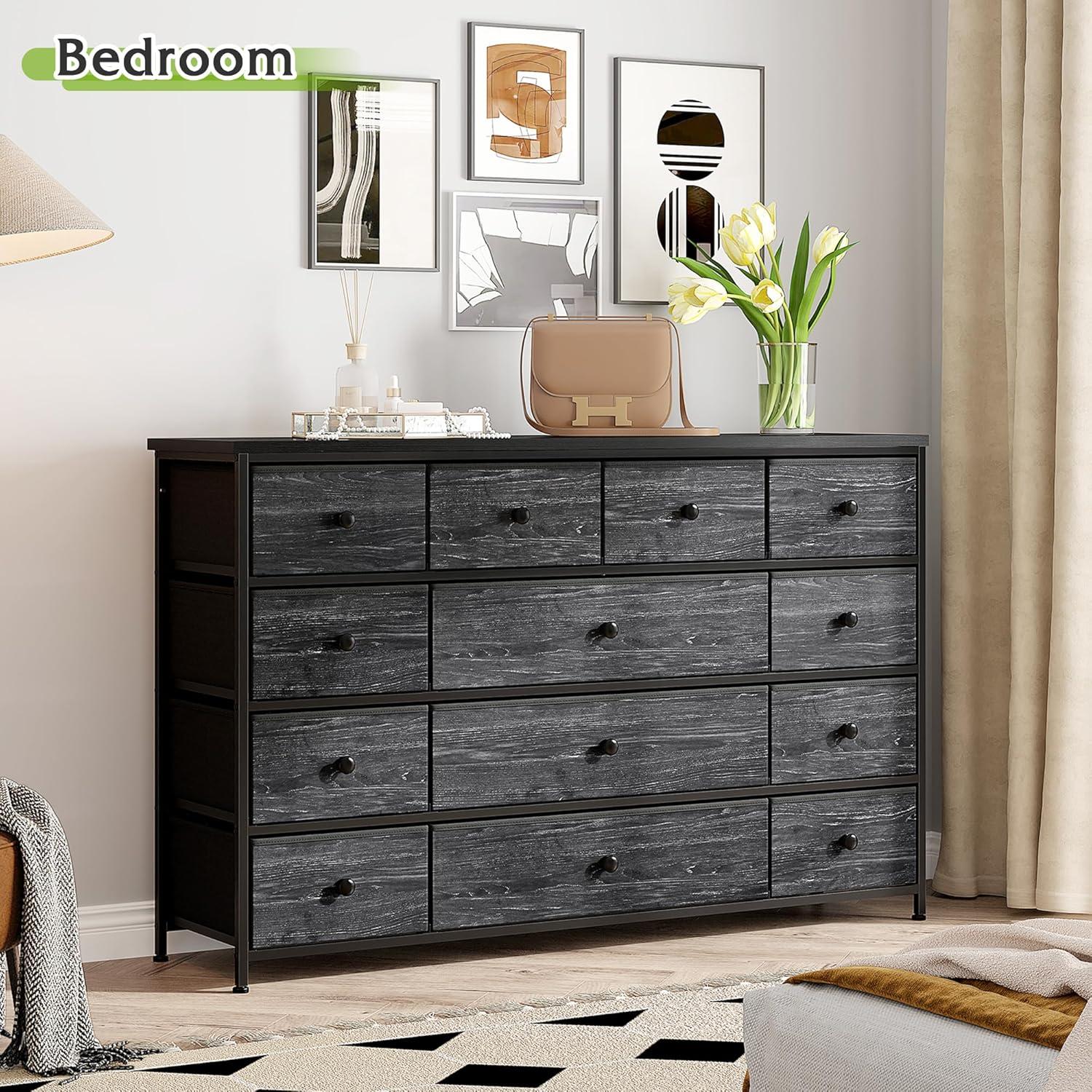 EnHomee 55"W Dresser for Bedroom Black Fabric Dresser with 13 Drawers Long Dressers & Chests of Drawers for , Living Room,Entryway