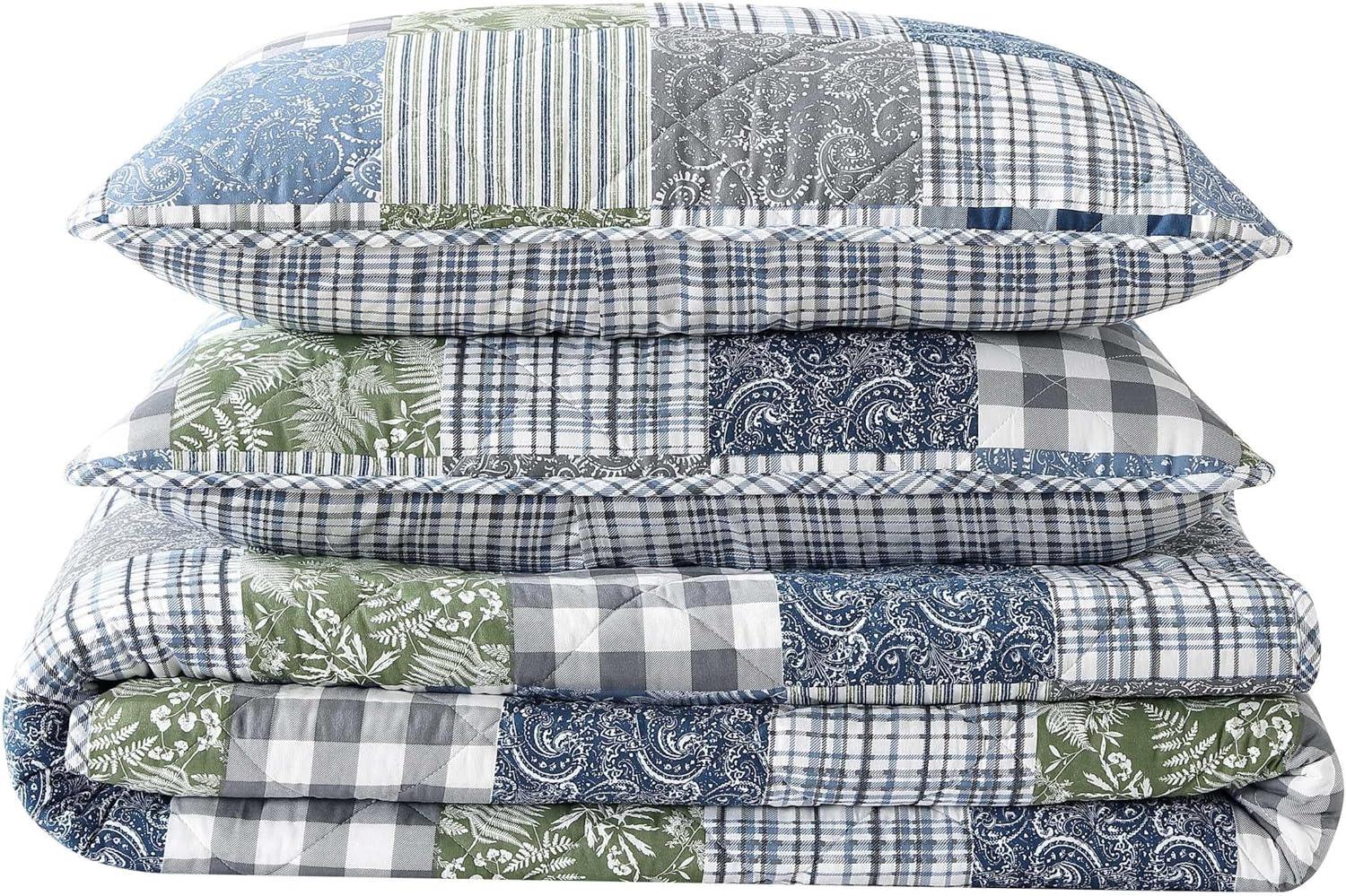 Eddie Bauer Cozy Plaid Patchwork 100% Cotton Quilt Set Blue