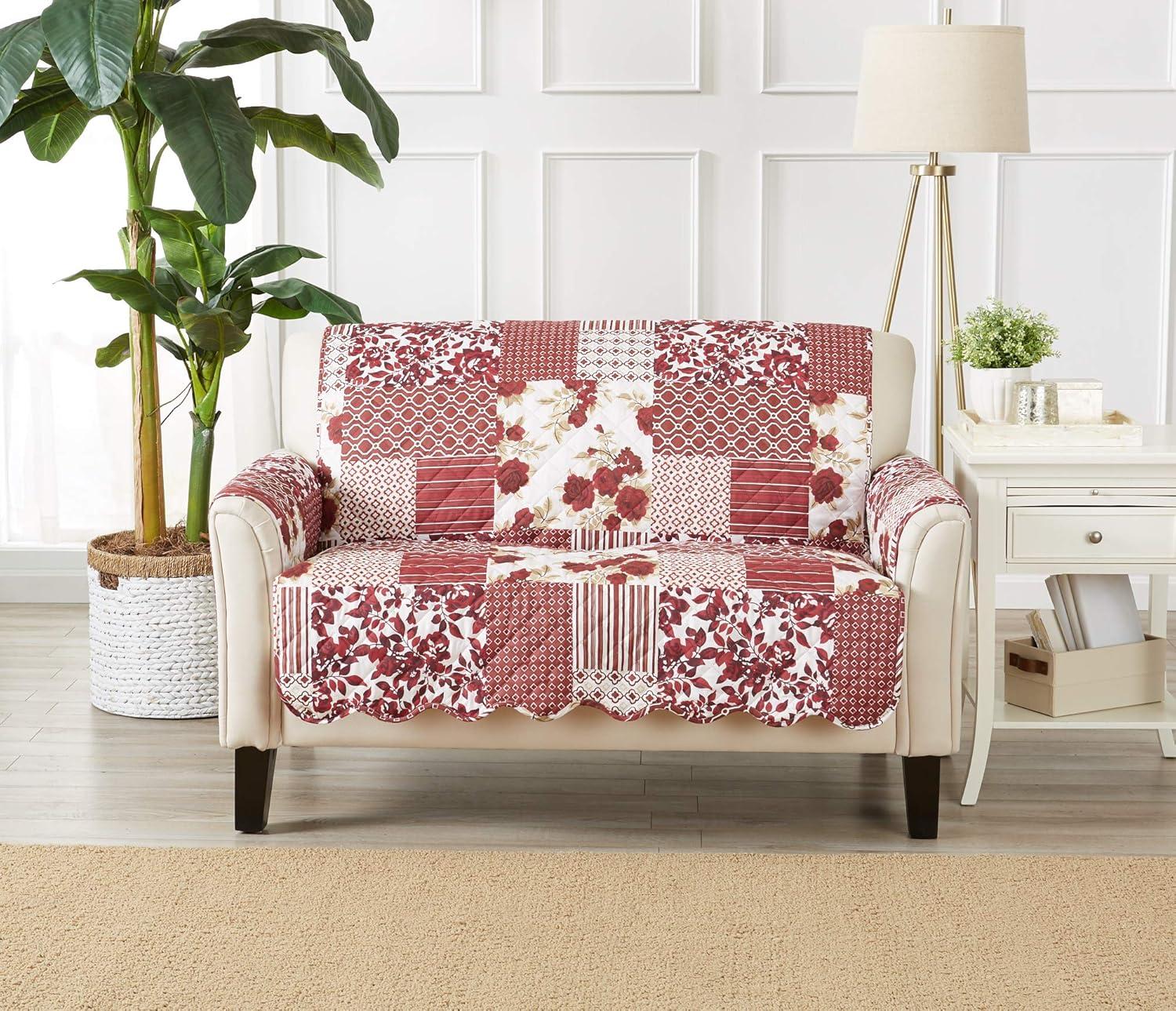Reversible Stitched Patchwork Sofa Furniture Protector - Great Bay Home(Loveseat, Burgundy)