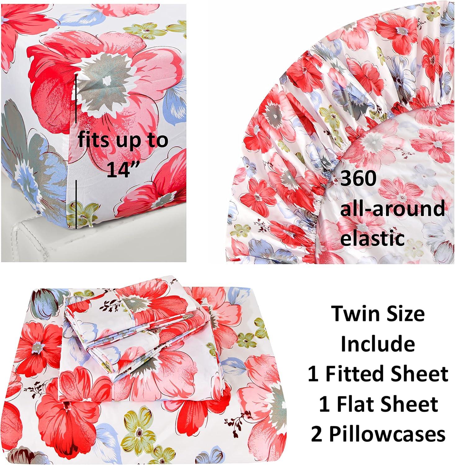 Twin Red Floral Deep Pocket Microfiber Bedding Set