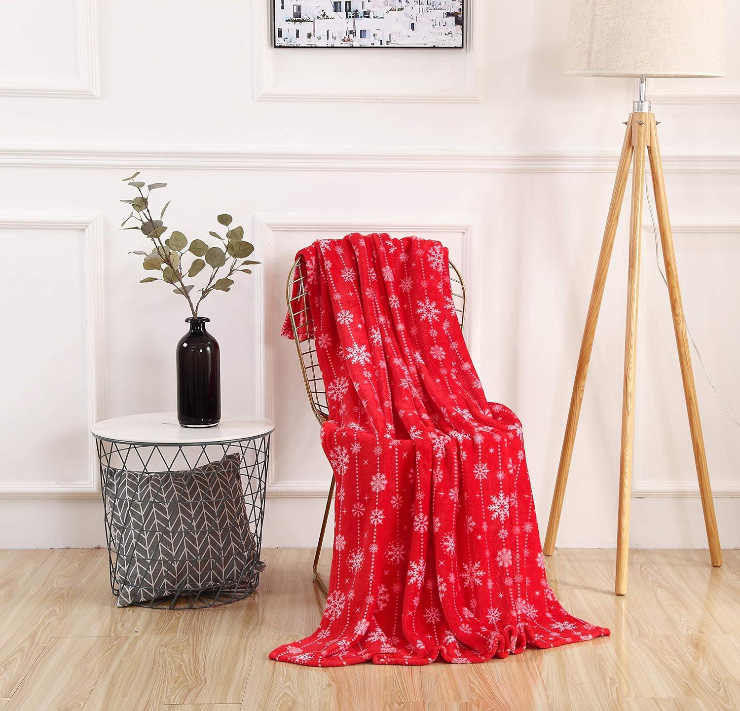 Velvet Touch Ultra Plush Christmas Holiday Printed Fleece Throw/Blanket-50 x 60inch, (Red Snowflake)