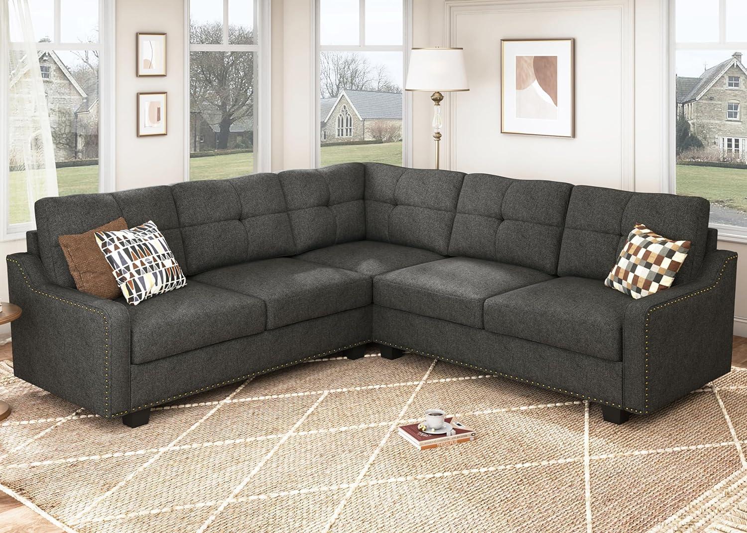 HONBAY Velvet L Shaped Couch Corner Sofa for Living Room Furniture Sets in Green