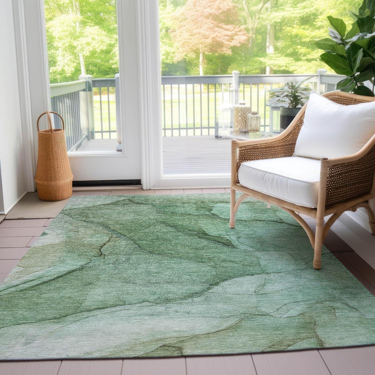 Green 9' x 12' Synthetic Flat Woven Washable Rug