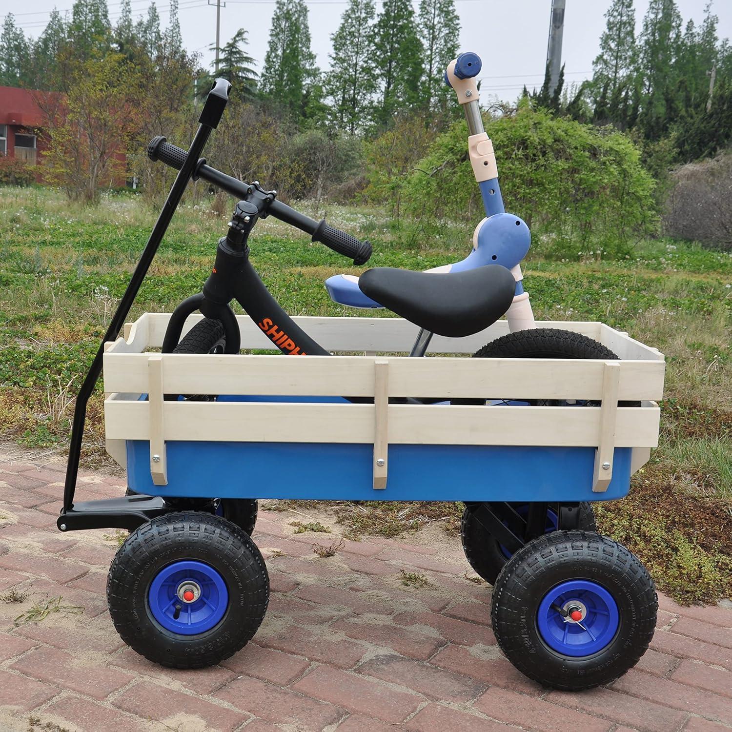 Outdoor Wagon All Terrain Pulling Wood Railing Air Tires Garden Cart