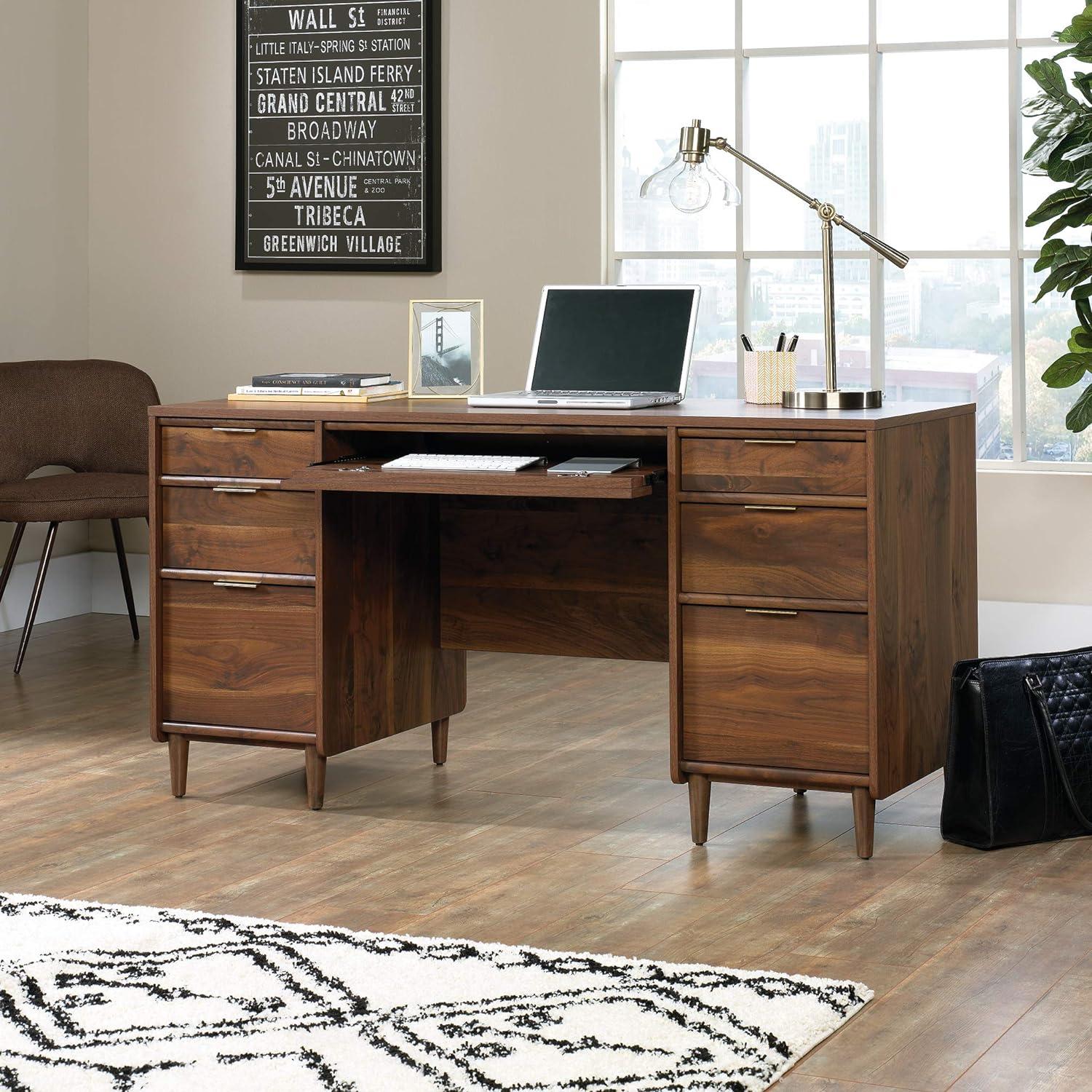 Grand Walnut Executive Desk with Keyboard Tray and Filing Cabinet