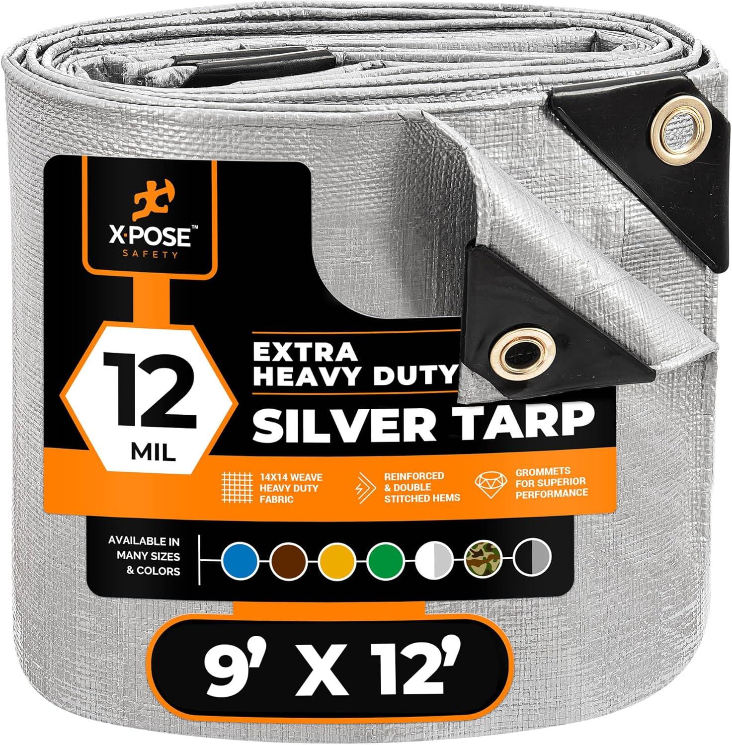 Heavy Duty Silver Poly Tarp 9' X 12' - Multipurpose Protective Cover - Durable, Waterproof, Weather Proof, Rip and Tear Resistant - Extra Thick 12 Mil Polyethylene - by Xpose Safety