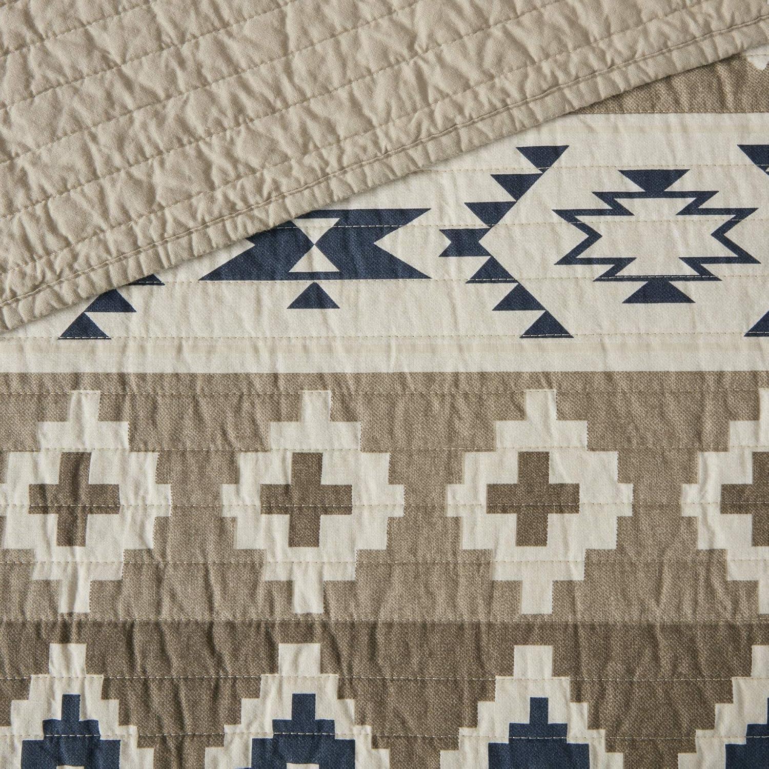 Blue and Tan Reversible Cotton King Quilt Set