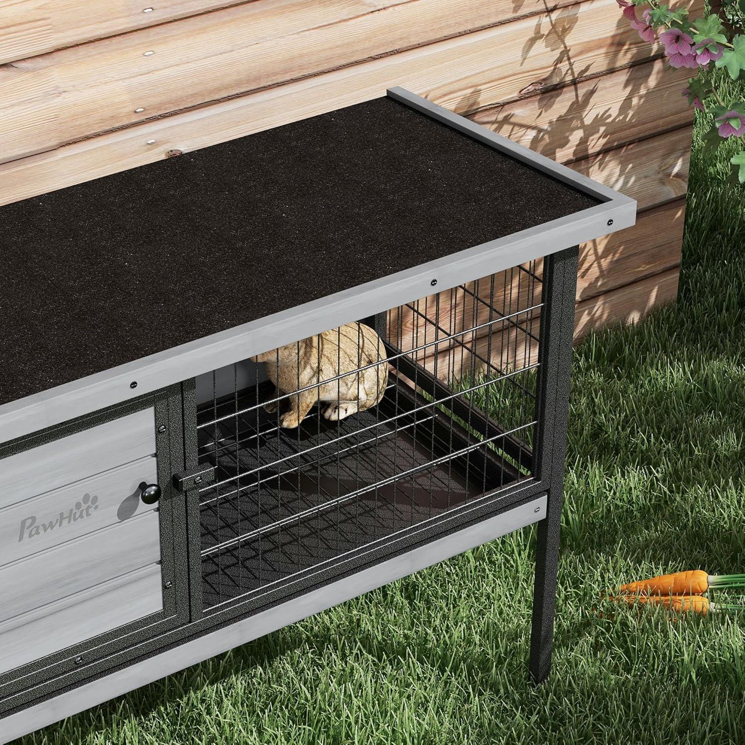 PawHut Rabbit Hutch Elevated Bunny Cage Small Animal Habitat with Metal Frame, Wire Pan, and Asphalt Roof for Indoor/Outdoor Natural Wood