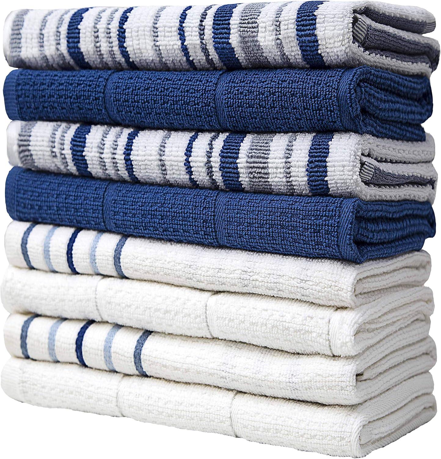 Bumble Towels Premium Kitchen Towels (16”x 28”, 8 Piece) Cotton Kitchen Hand Towels Striped 420 GSM Blue