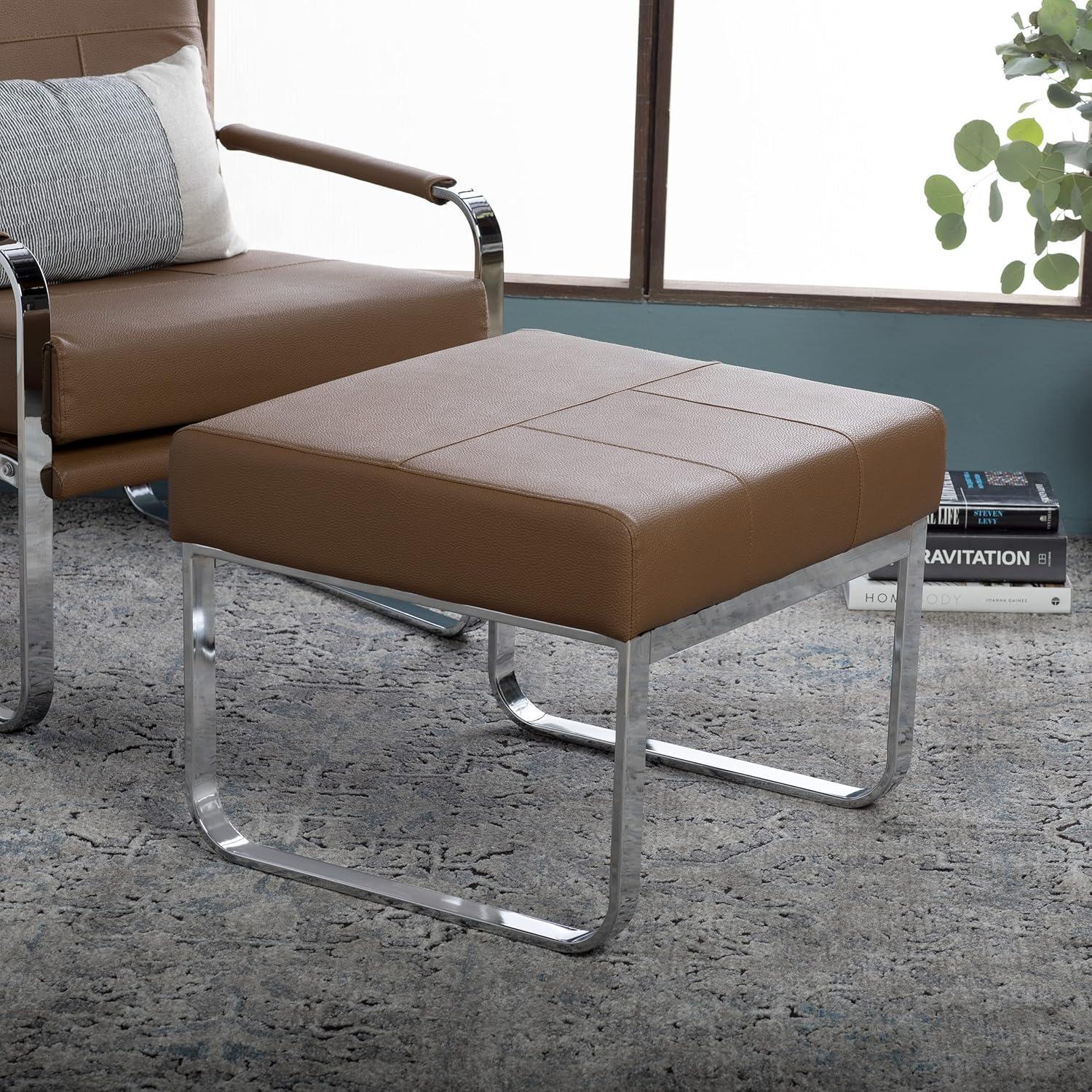 Rectangular Allure Modern Blended Leather Ottoman Caramel Brown/Chrome - Studio Designs Home