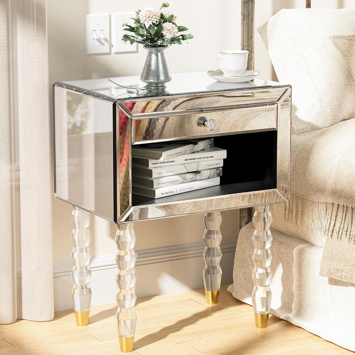 Mirrored Nightstand, Modern End Table with Drawer, Bedside Tables with Acrylic Legs for Bedroom, Living Room, Silver