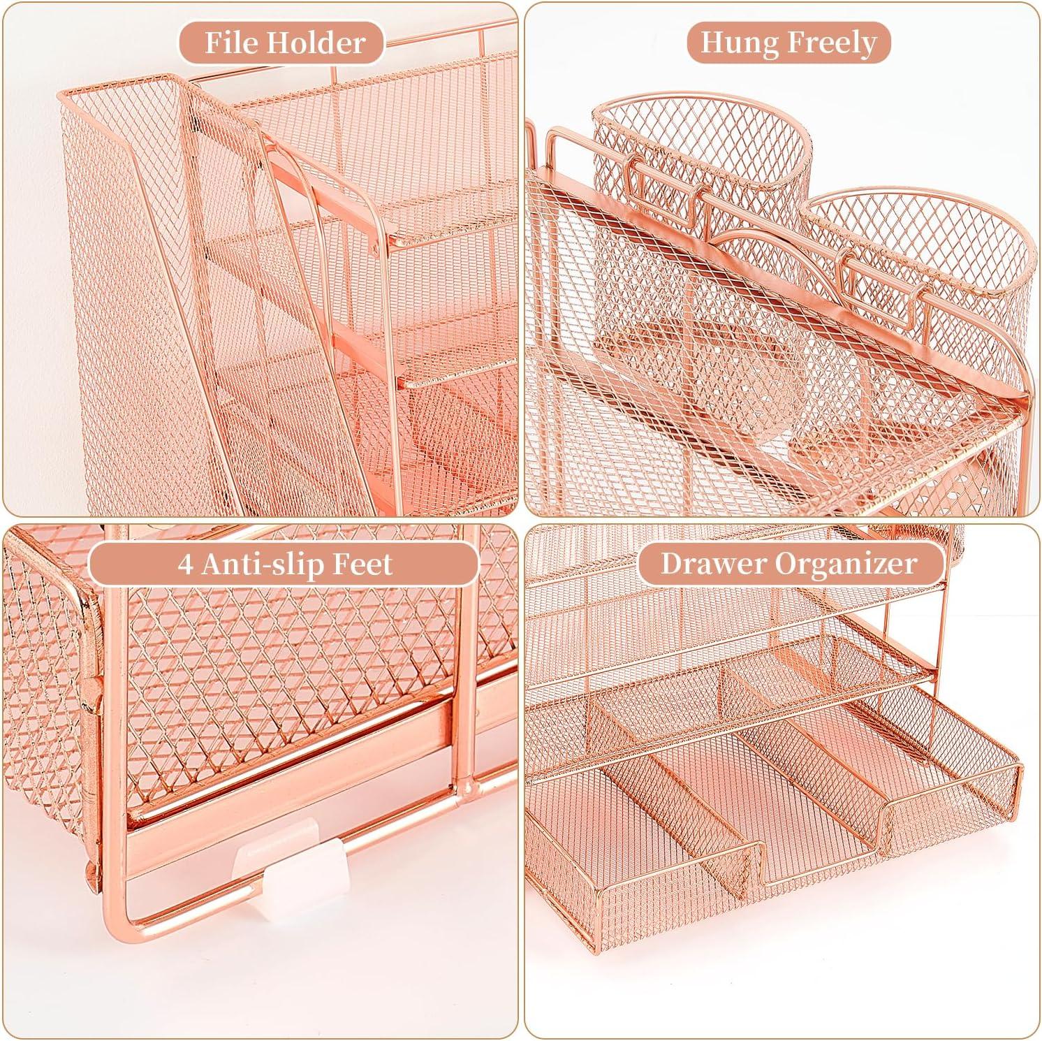 Rose Gold 4-Tier Metal Mesh Desk Organizer with Drawer and Pen Holders