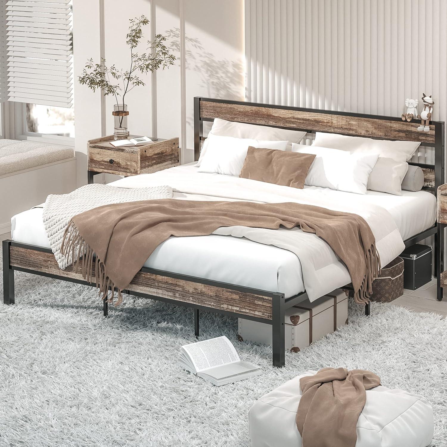 Platform Metal Bed Frame with Headboard Heavy Duty, Noise-Free, Queen