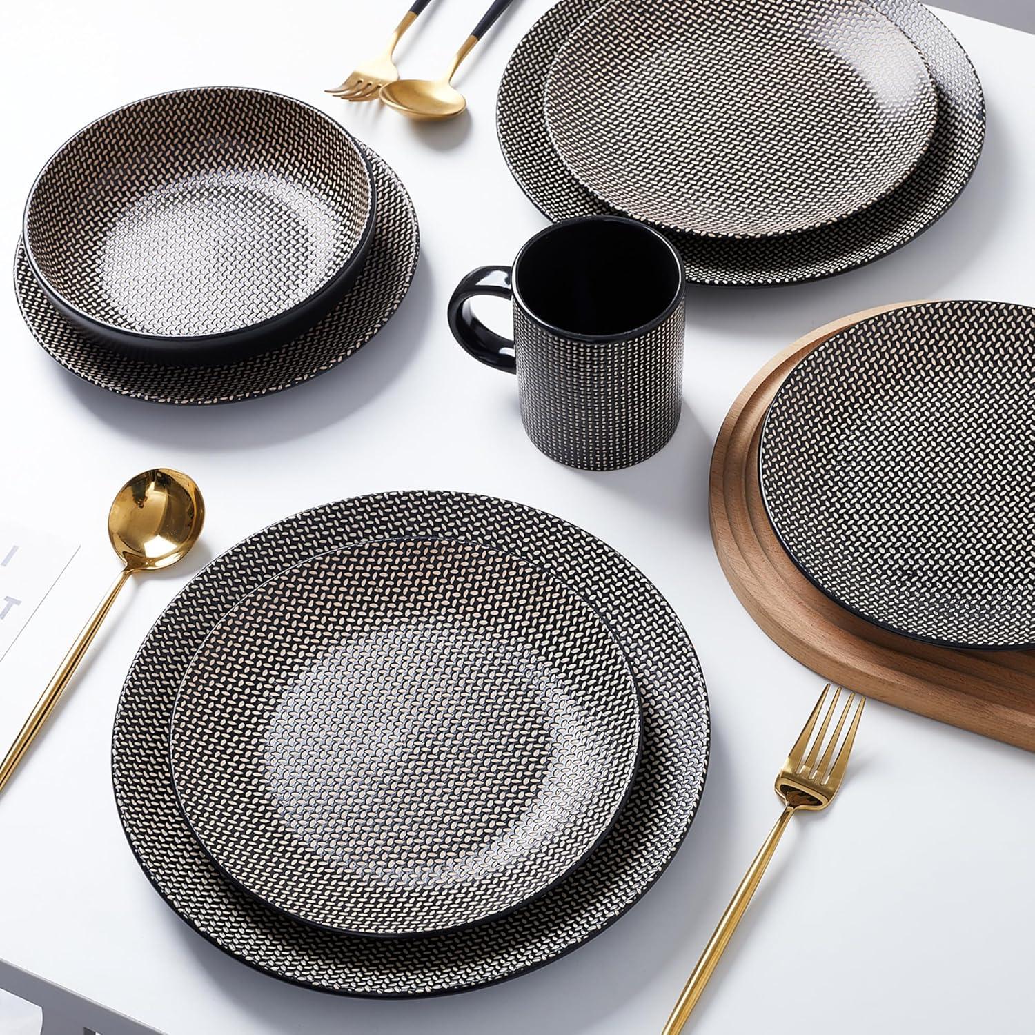 Daisy 32-Piece Brown and Black Ceramic Dinnerware Set