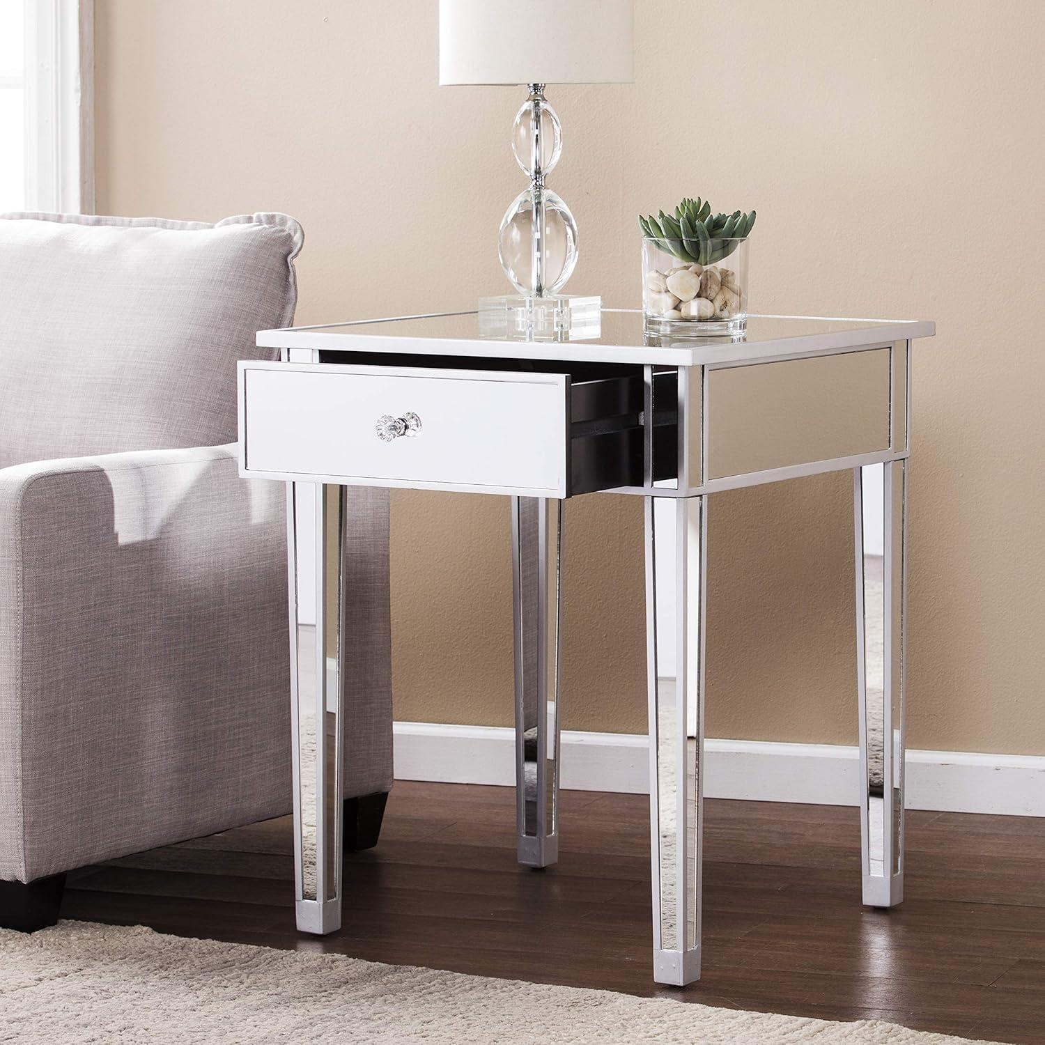 Mirage Matte Silver Mirrored Accent End Table with Storage