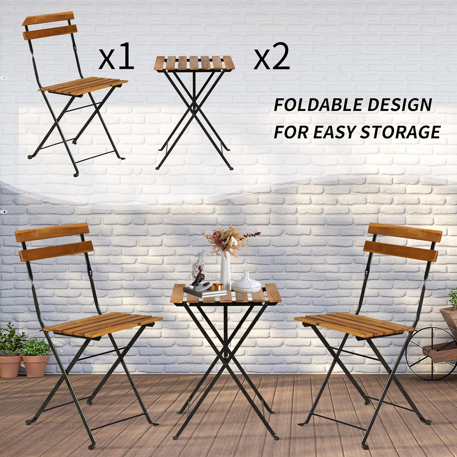 BestMassage 3 Piece Bistro Set Folding Chairs Table with Weather-Resistant Wood, Natural