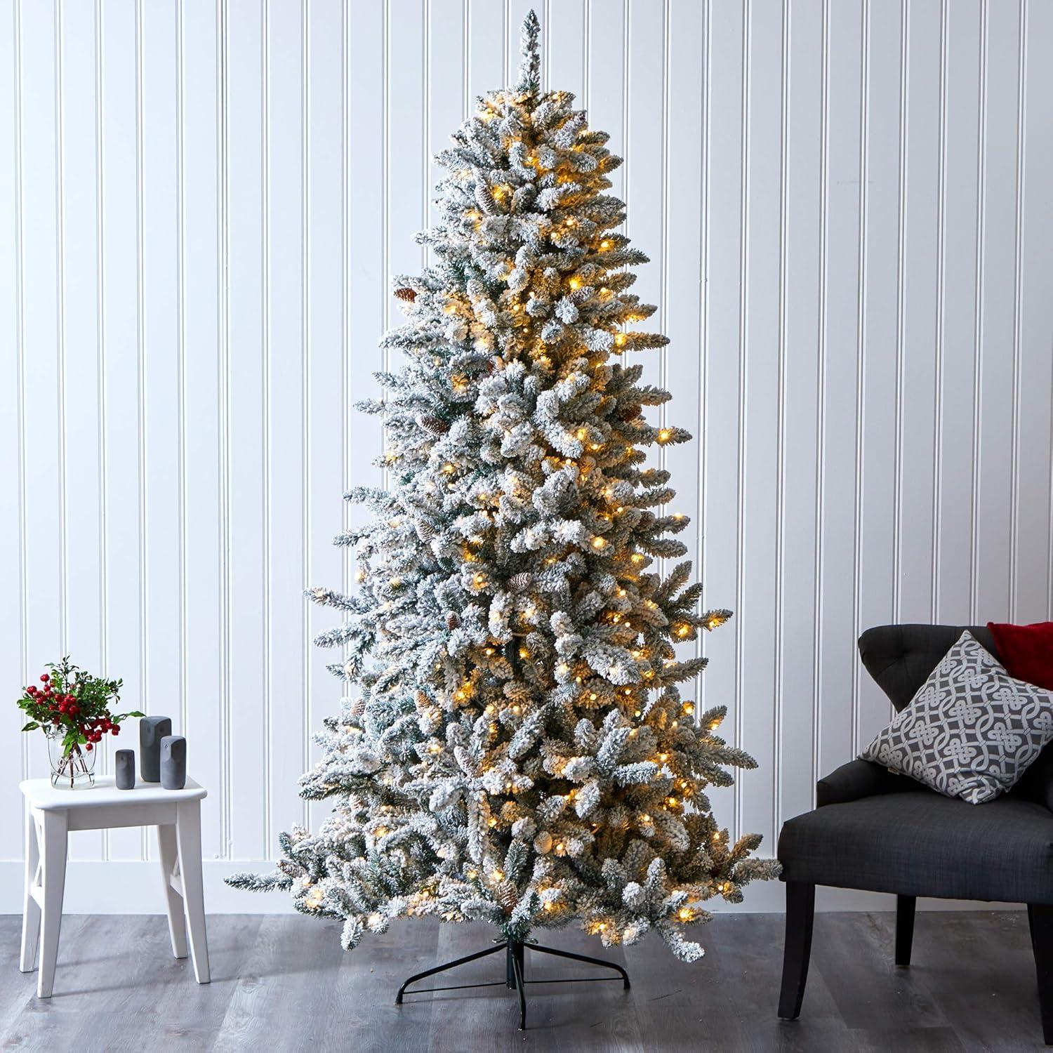 Nearly Natural 7.5' Pre-Lit LED Flocked Slim Livingston Fir with Pinecones, Electric Powered