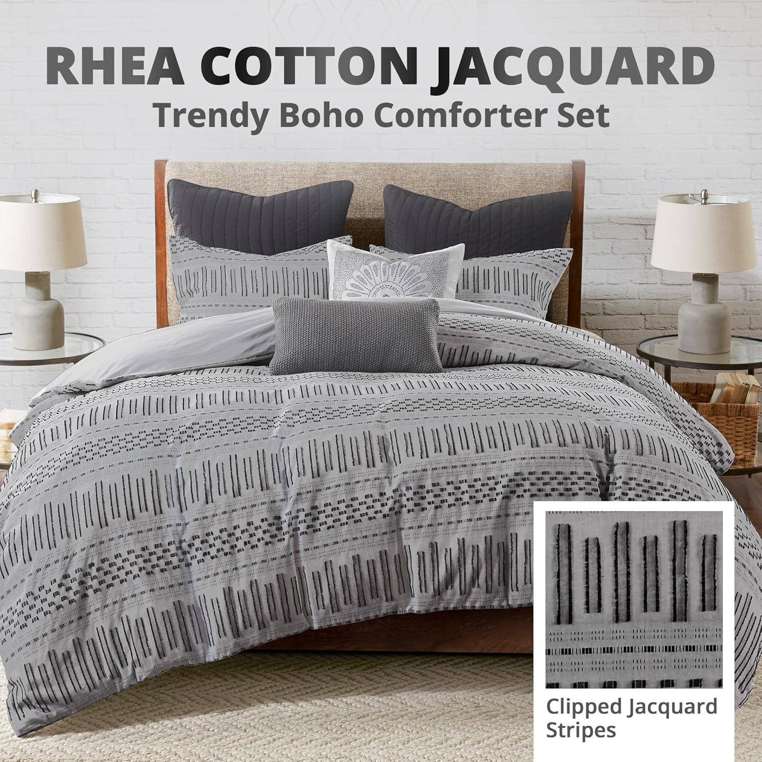 King/California King Rhea Cotton Jacquard Comforter Mini Set Black/Gray: Ink+Ivy, Geometric Pattern, OEKO-TEX Certified