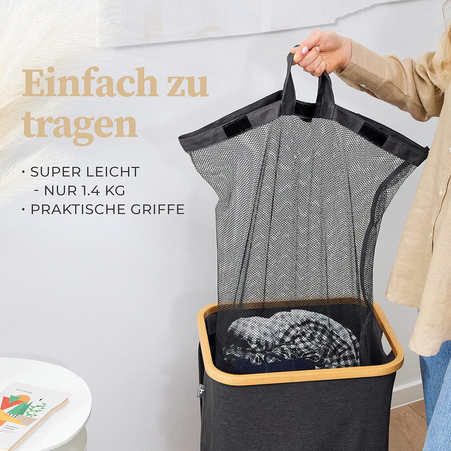 Hennez® Double Laundry Hamper with Lid, 2x Removable Bags, Thic Fabric, Bamboo Hamper 140Liter - 36gal - Light Gray
