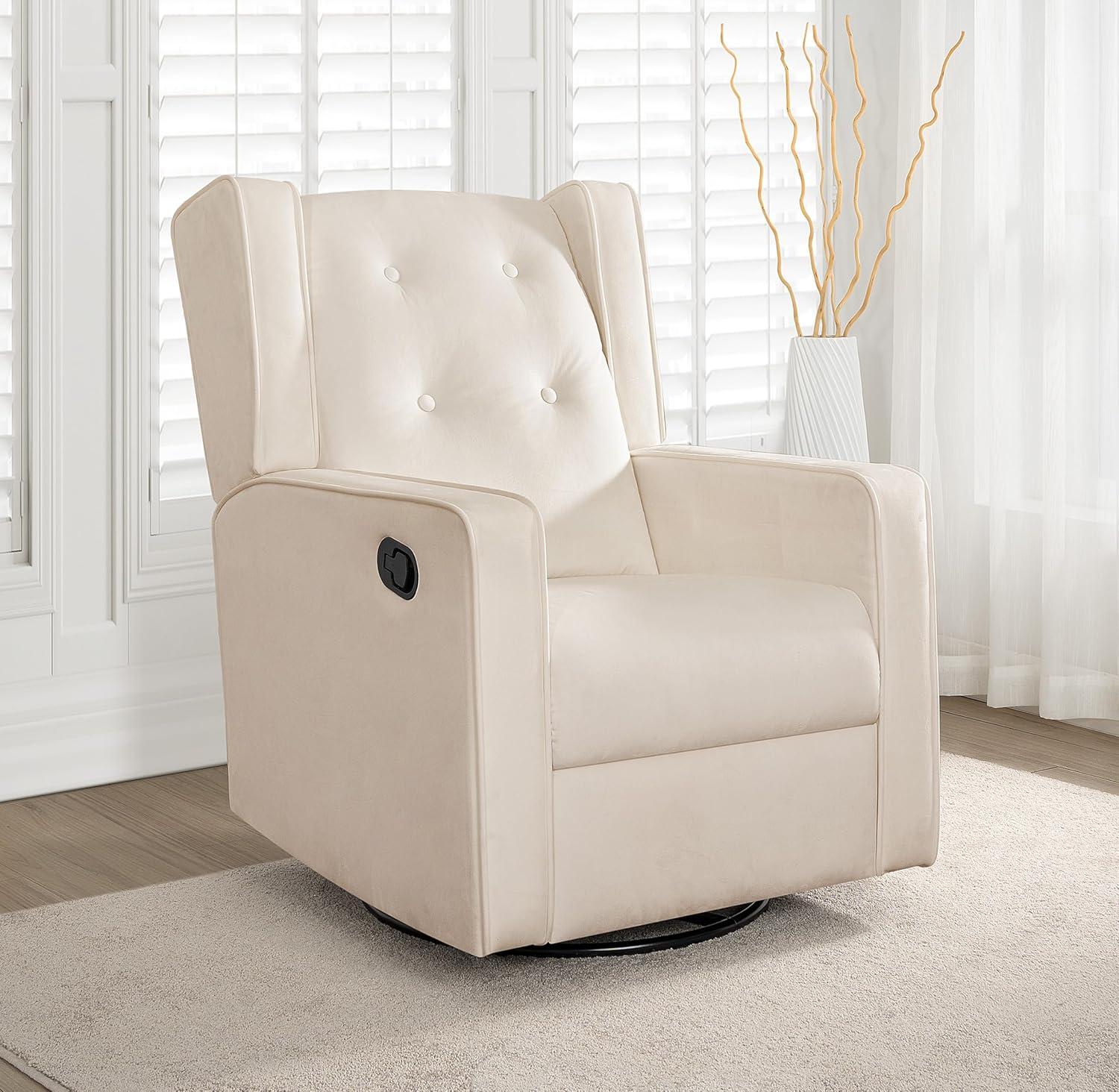 Odelia 360 Swivel Glider Rocker Recliner, Tufted Nursery Chair with Manual Puller, Plush Cushioning, Soothing Rocking Motion with Microfiber Fabric for Living Room, Bedroom, Apartment Cream