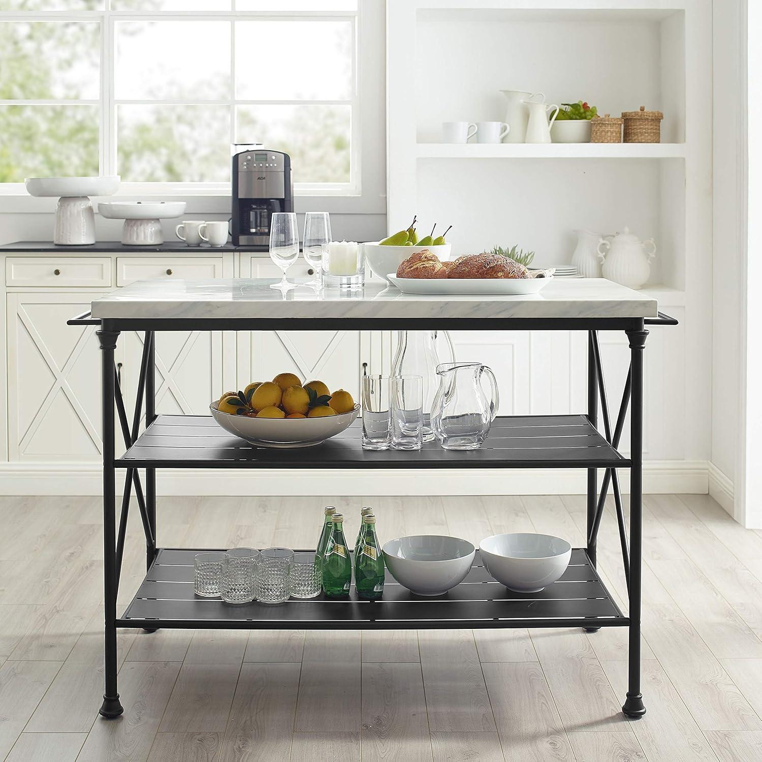 Crosley Madeleine Kitchen Island Matte Black: French Industrial Style, Steel Base, Open Storage Shelves, Towel Bars