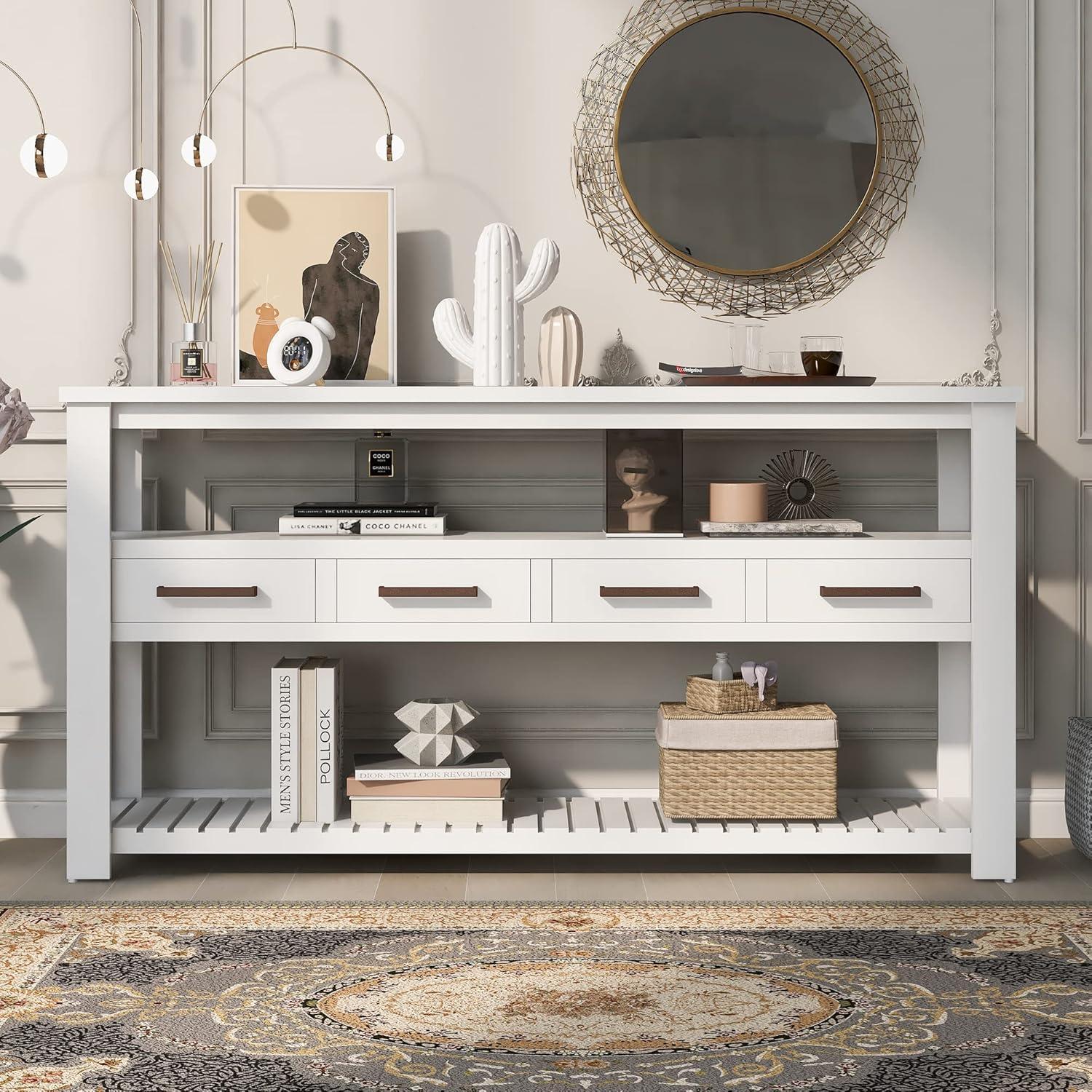 White Sofa Side Table, Atumon Storage Console Table, Modern Entryway Table, Wood Buffet Sideboard, Console Table with 4 Drawers and 2 Shelves, Console Table for Entryway Hallway Living Room