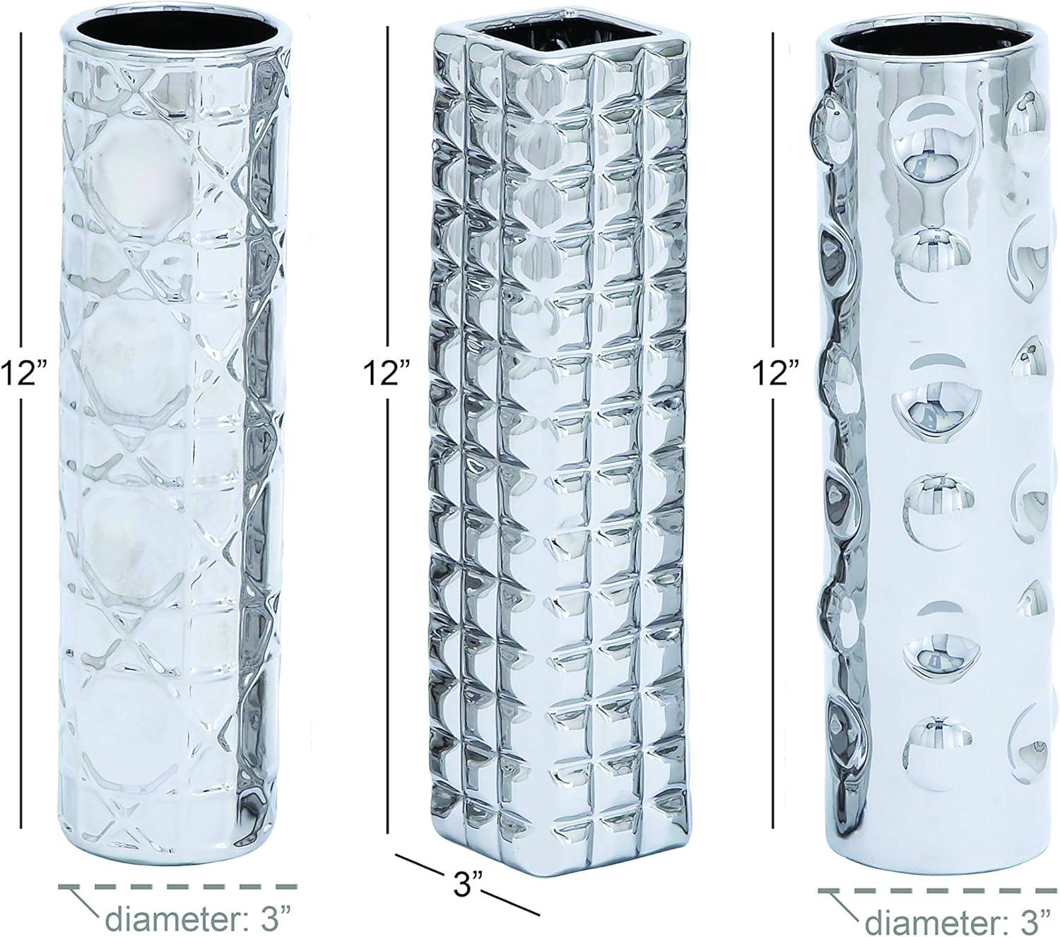 DecMode 4"W, 12"H Silver Ceramic Vase with Varying Patterns, Set of 3