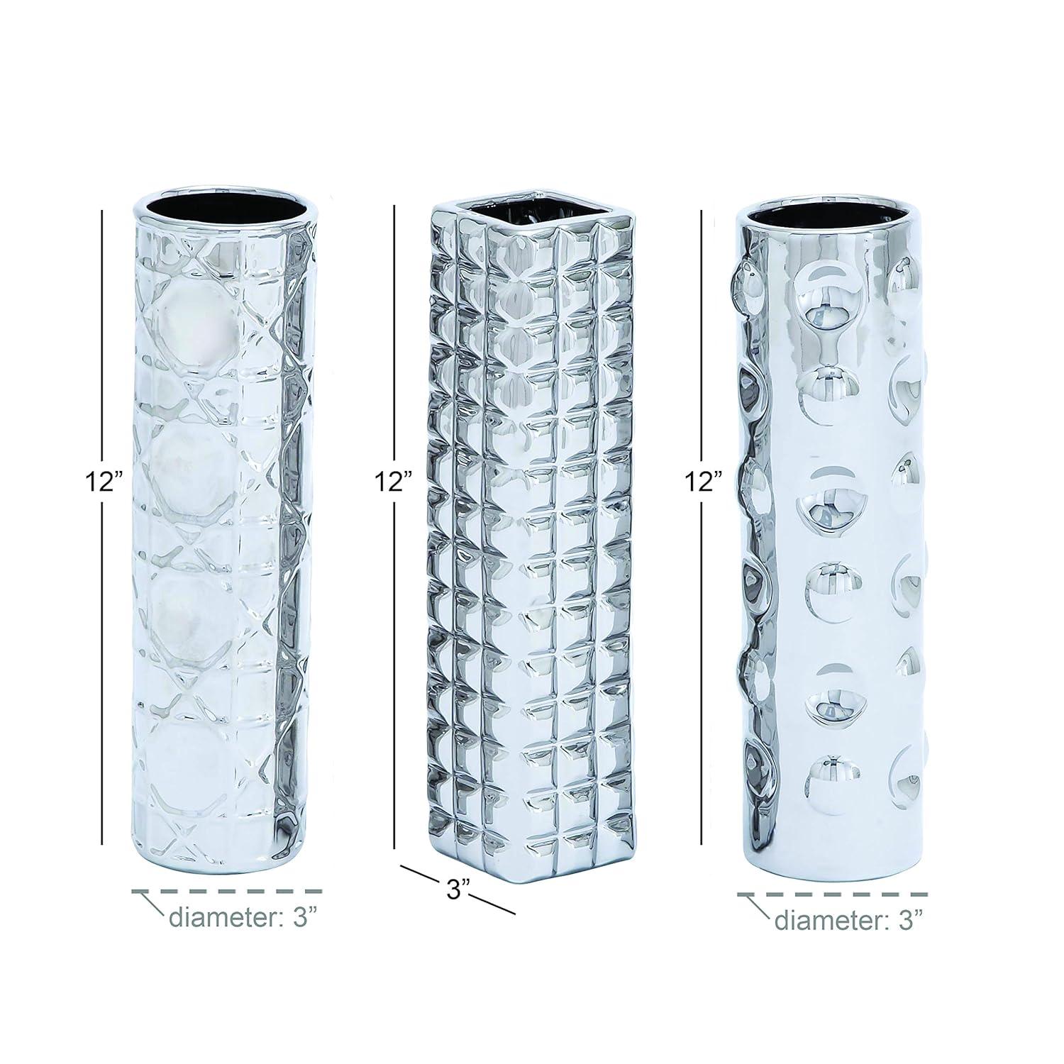 DecMode 4"W, 12"H Silver Ceramic Vase with Varying Patterns, Set of 3