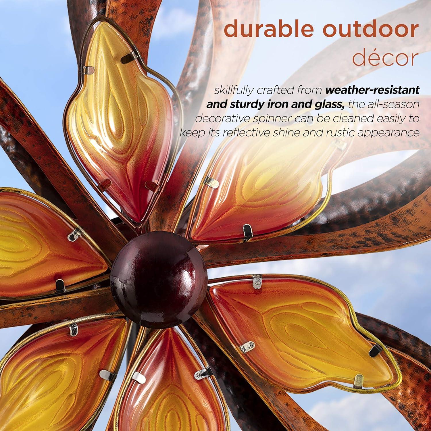 96" Glass/Iron Outdoor Flower Dual Kinetic Spinner Stake Red/Yellow - Alpine Corporation: Yard Art Decor