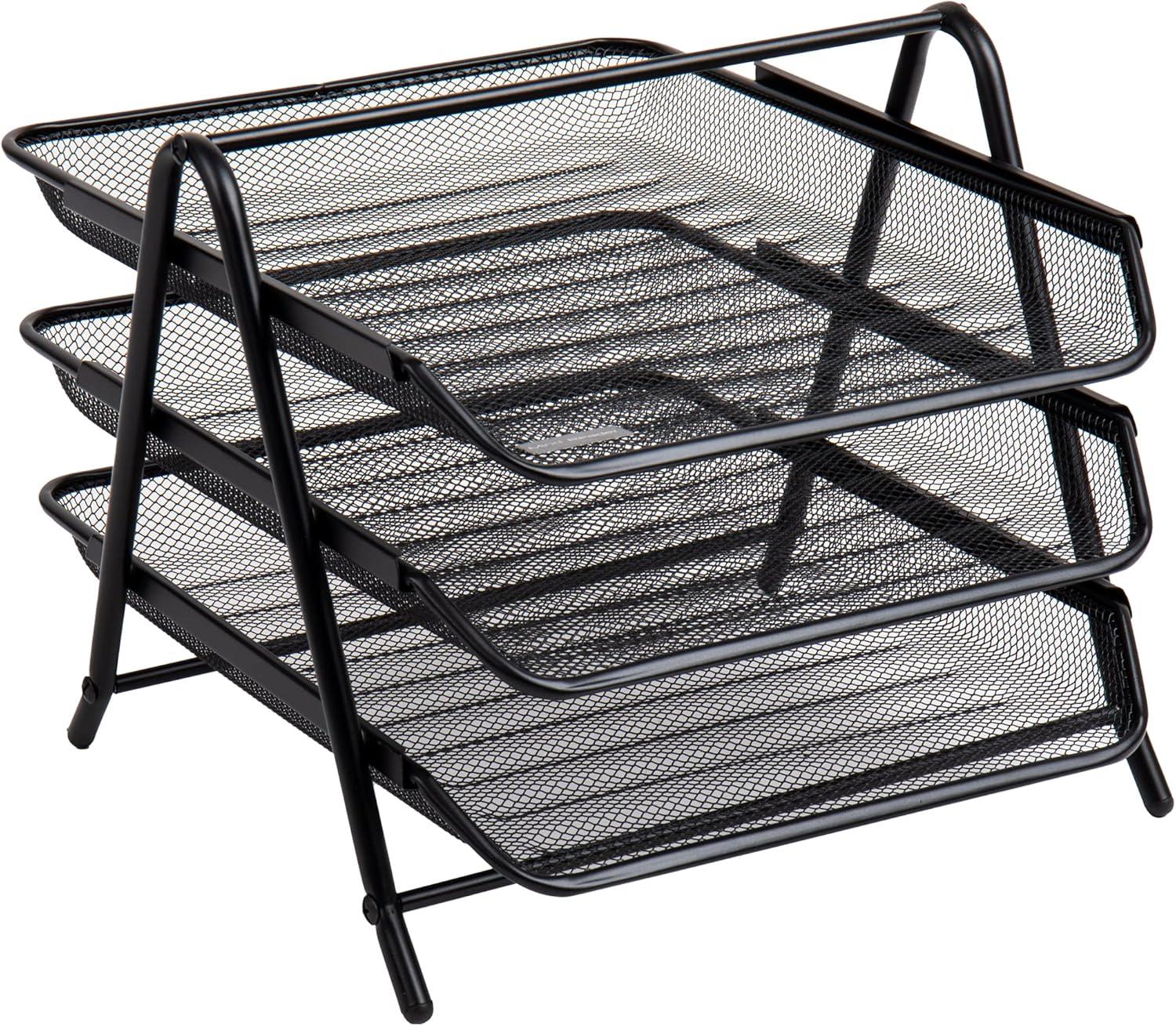 Black Steel Mesh 3-Tier Letter Tray Organizer