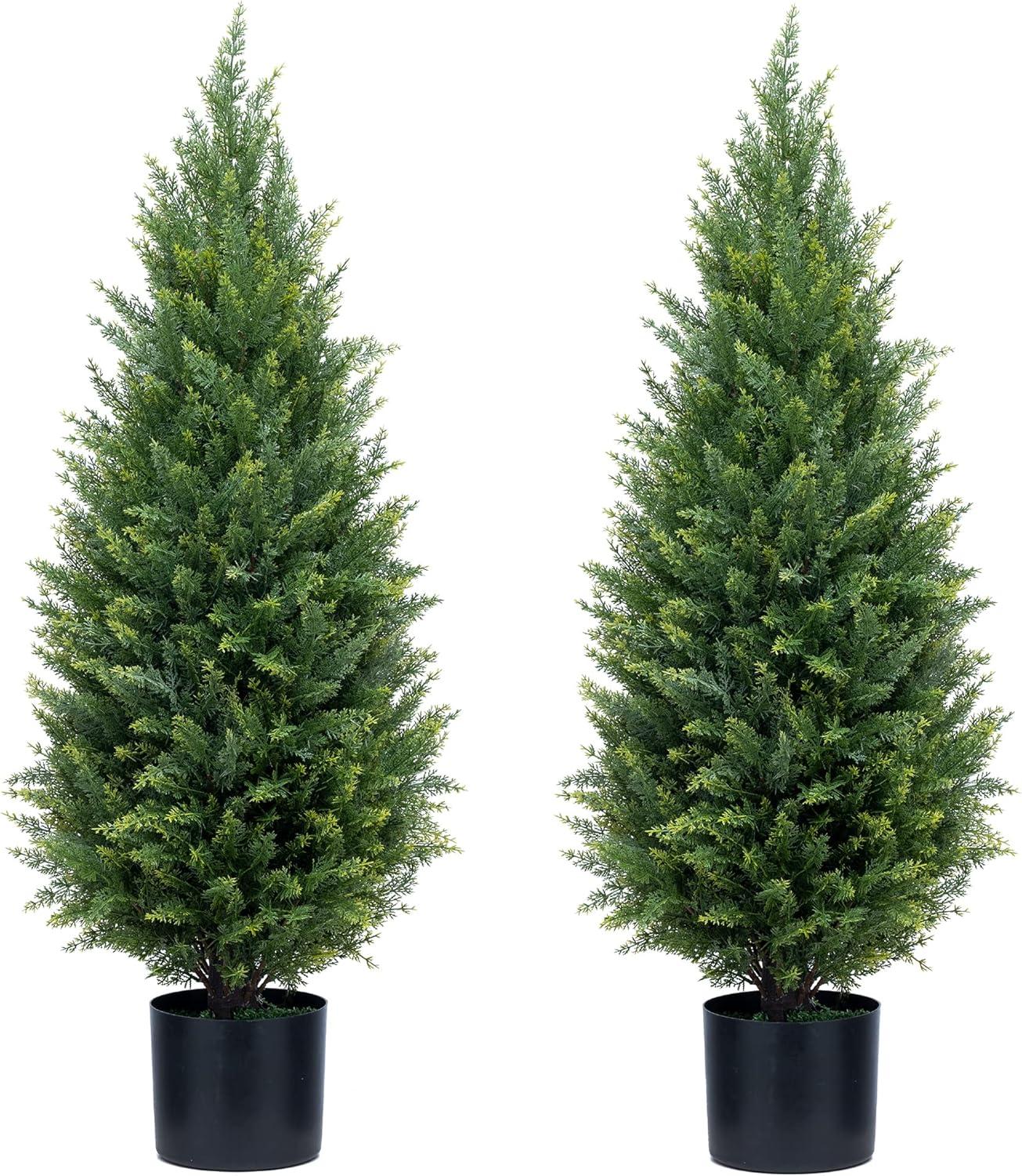 3ft Green Artificial Cedar Topiary Trees in Black Pots, Set of 2