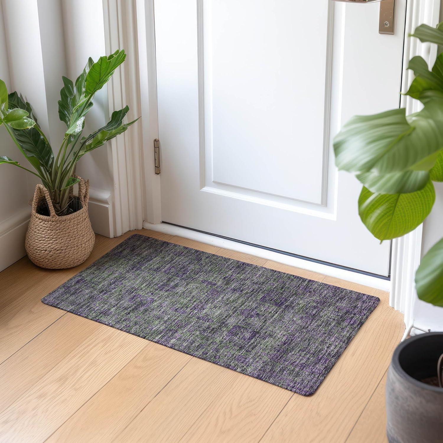 Fern Green and Purple Synthetic Flat Woven Washable Rug