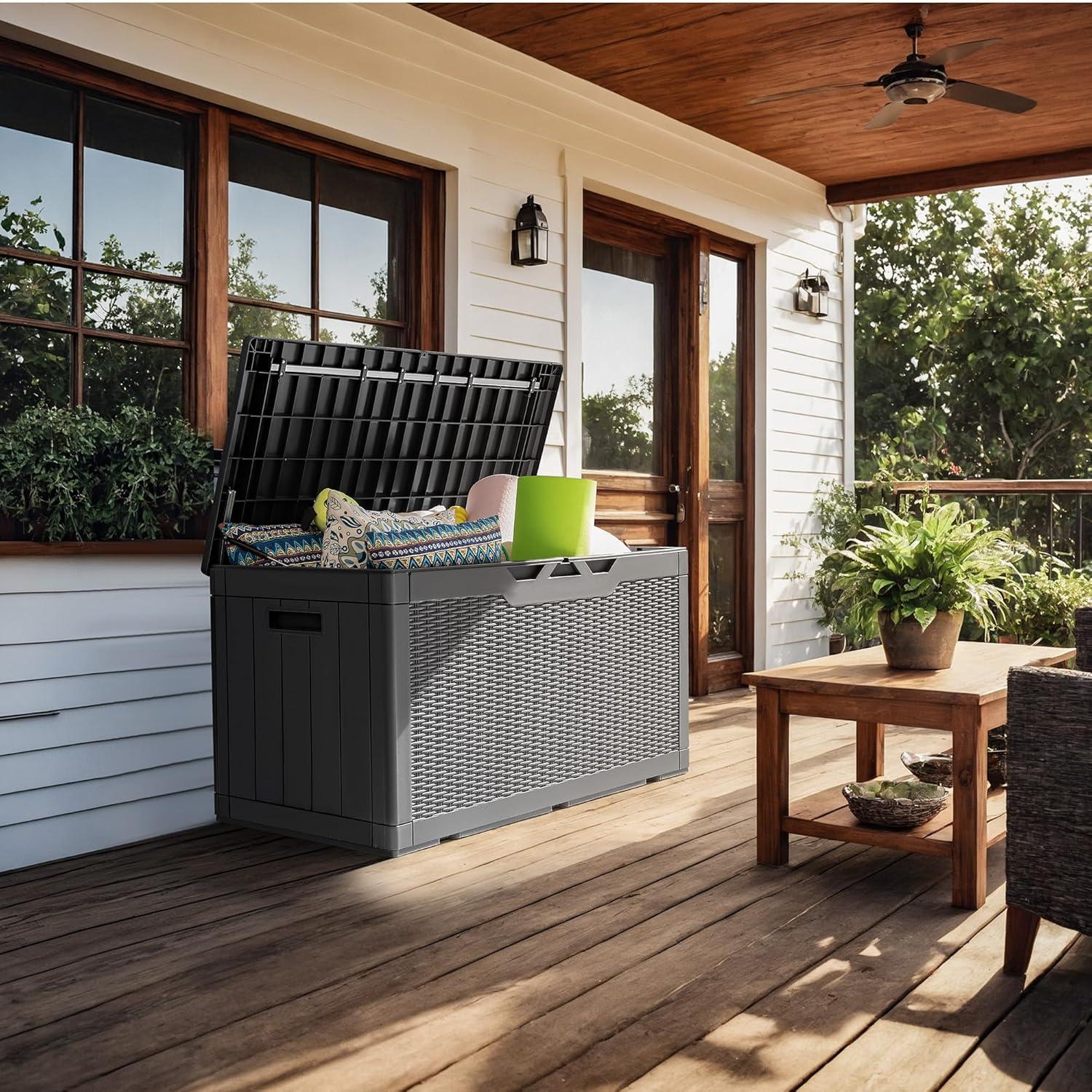 Gray Lockable Weather-Resistant Plastic Deck Box with Cushion