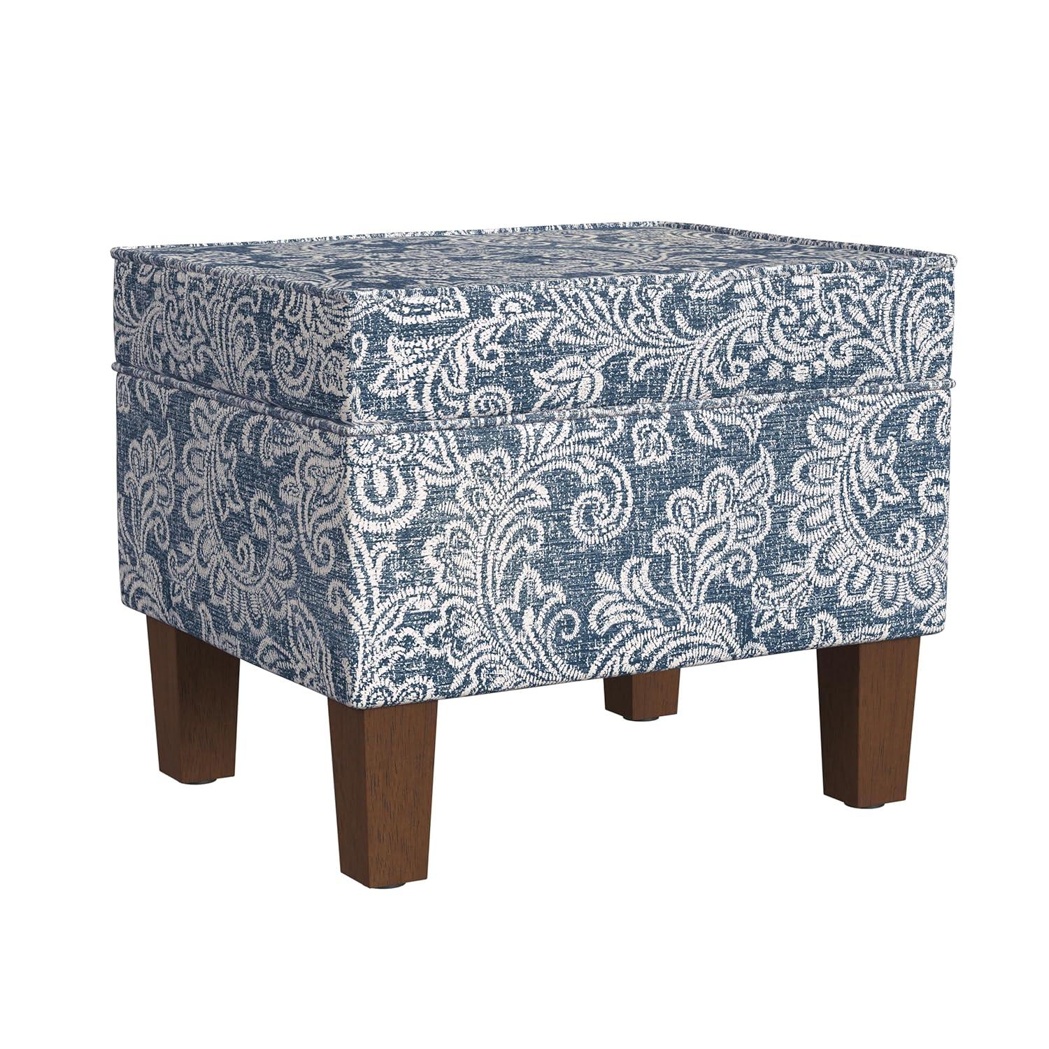 Medium Storage Ottoman Denim - HomePop: Upholstered Footstool, Botanical Pattern, Hardwood Frame