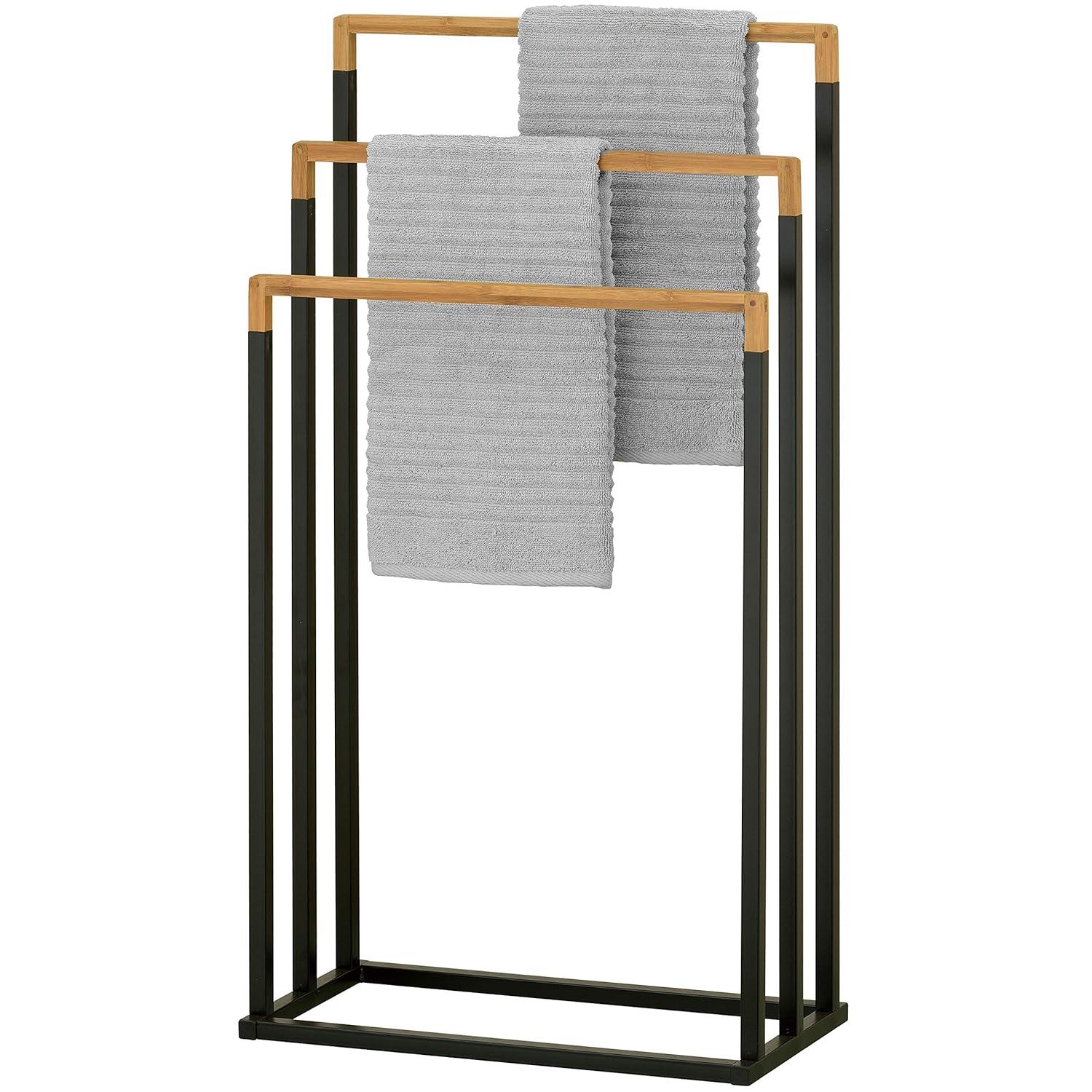 MyGift 33 Inch Black Chrome Plated Metal Freestanding Bathroom Towel Rack Stand with 3 Tier Bamboo Wood Bar, Laundry Room Drying Rack Stand