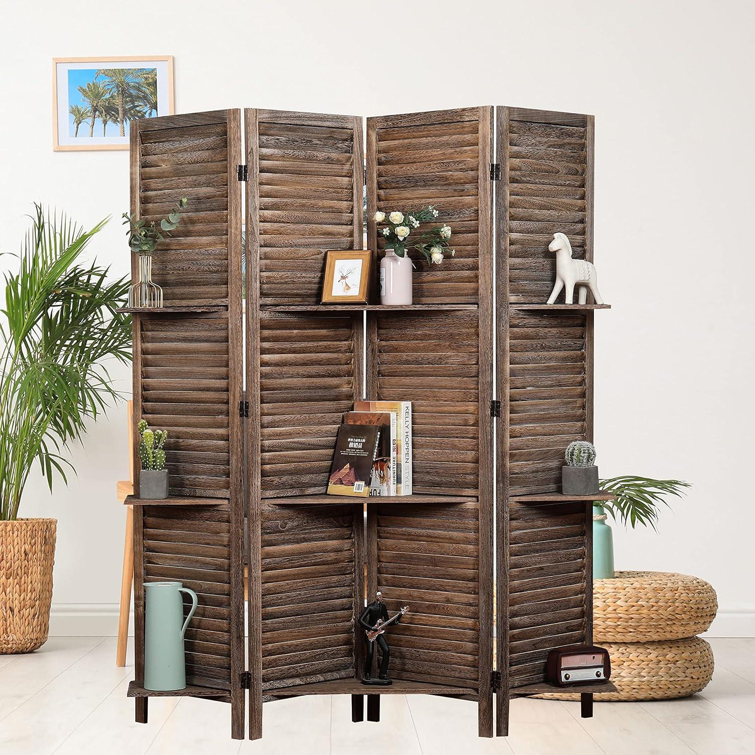 Rustic Brown Paulownia Wood 4-Panel Folding Screen with Shelves