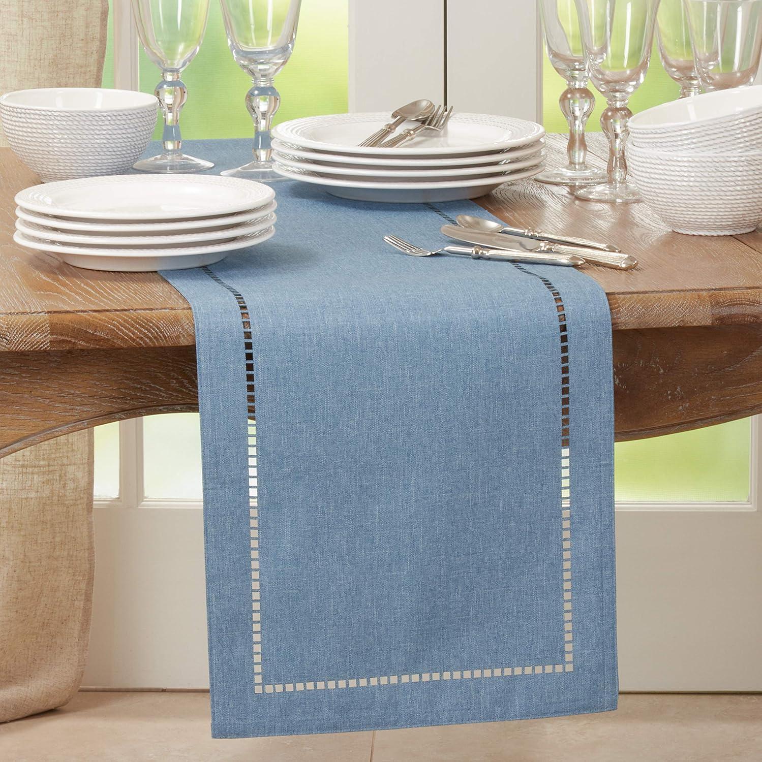 SARO  14 x 72 in. Oblong Denim Laser-Cut Hemstitch Table Runner