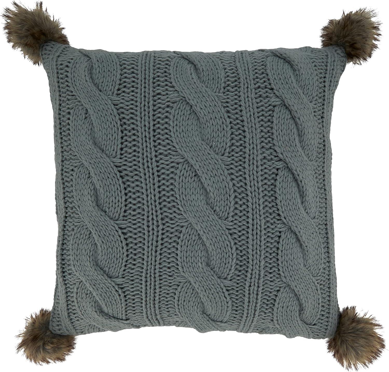 18"x18" Poly-Filled Cable Knit Square Throw Pillow with Pom-Poms - Saro Lifestyle