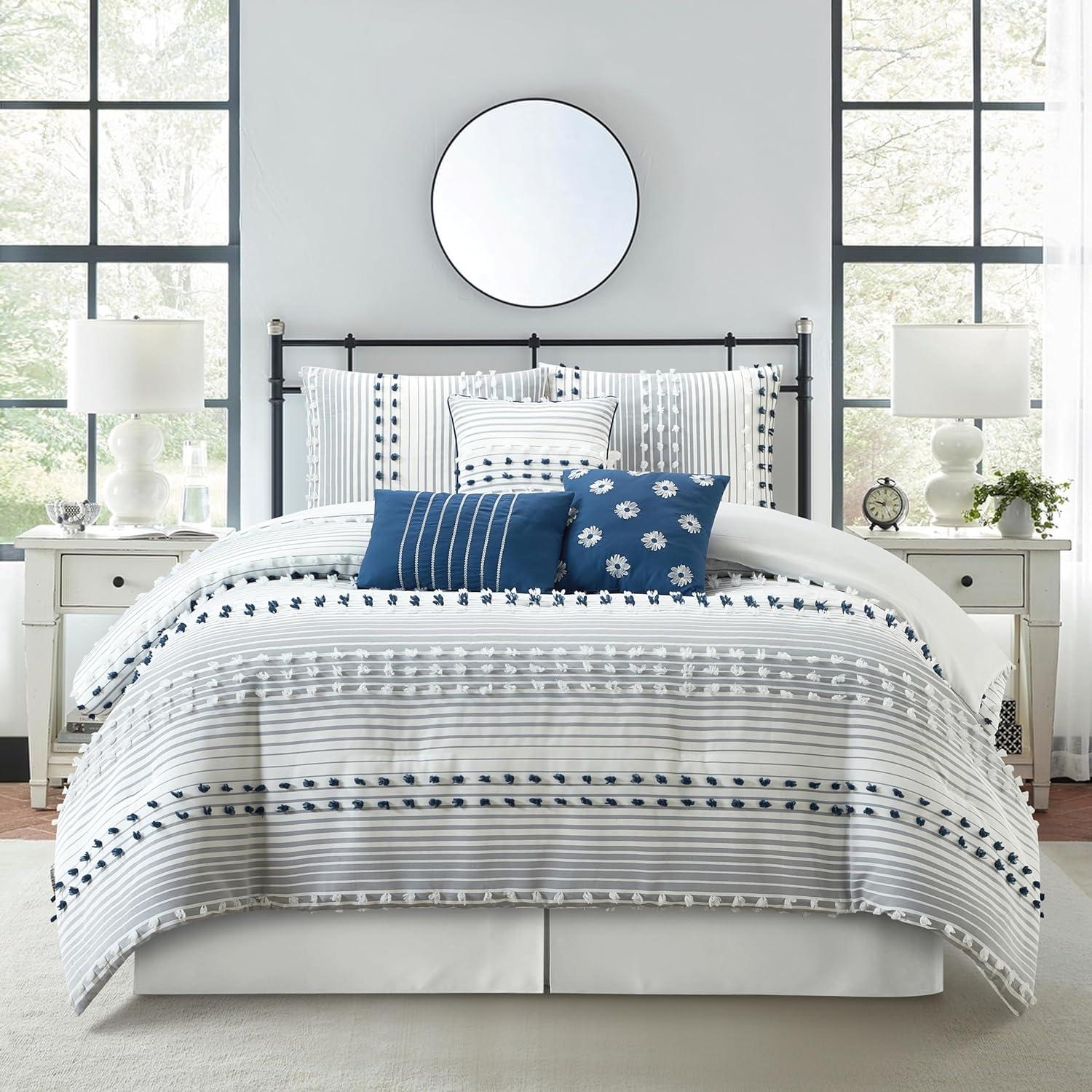 Navy and White Striped Microfiber King Comforter Set