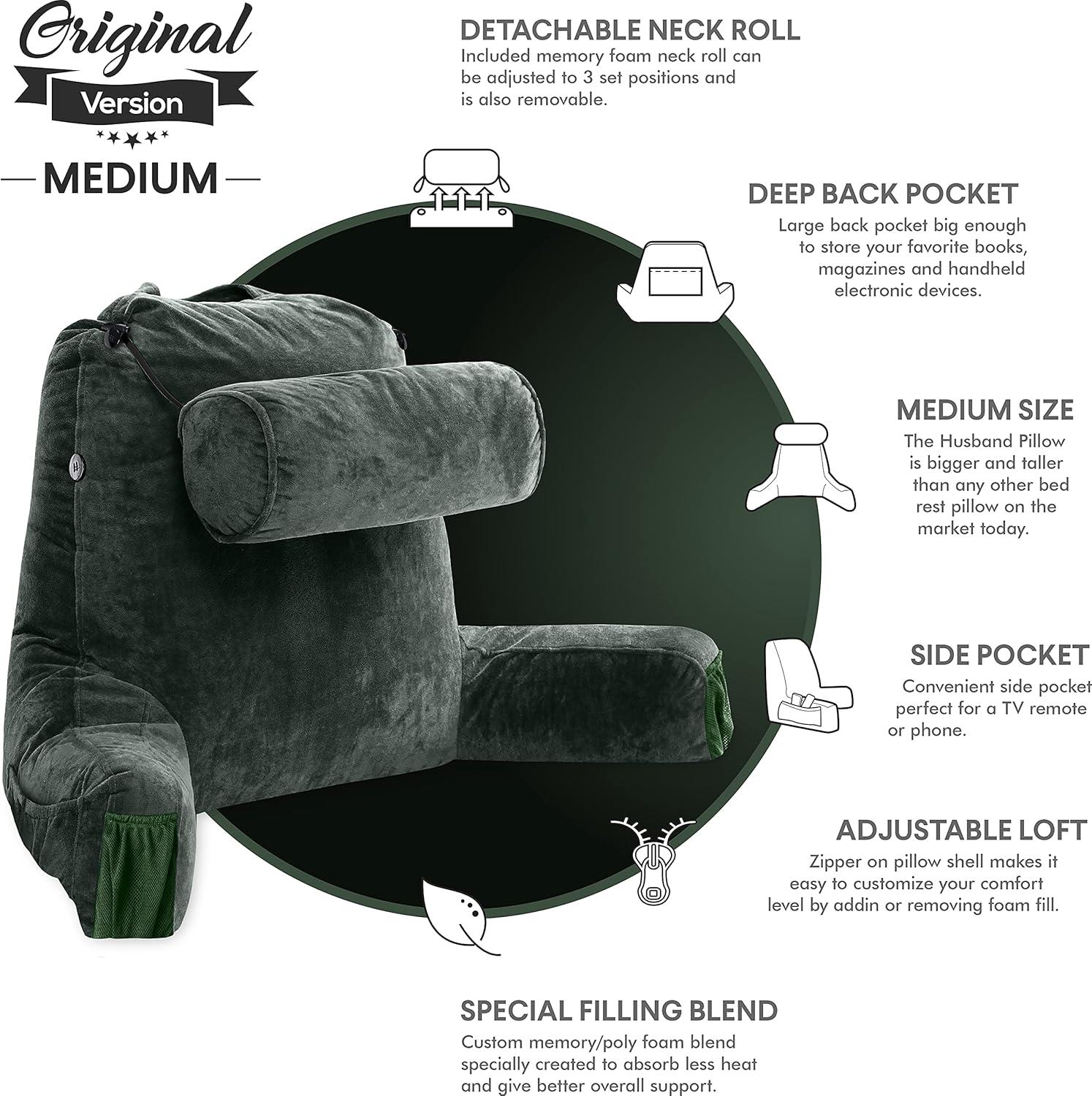 Husband Pillow Medium Dark Green, Backrest - Detach Neck Roll, Removable Cover