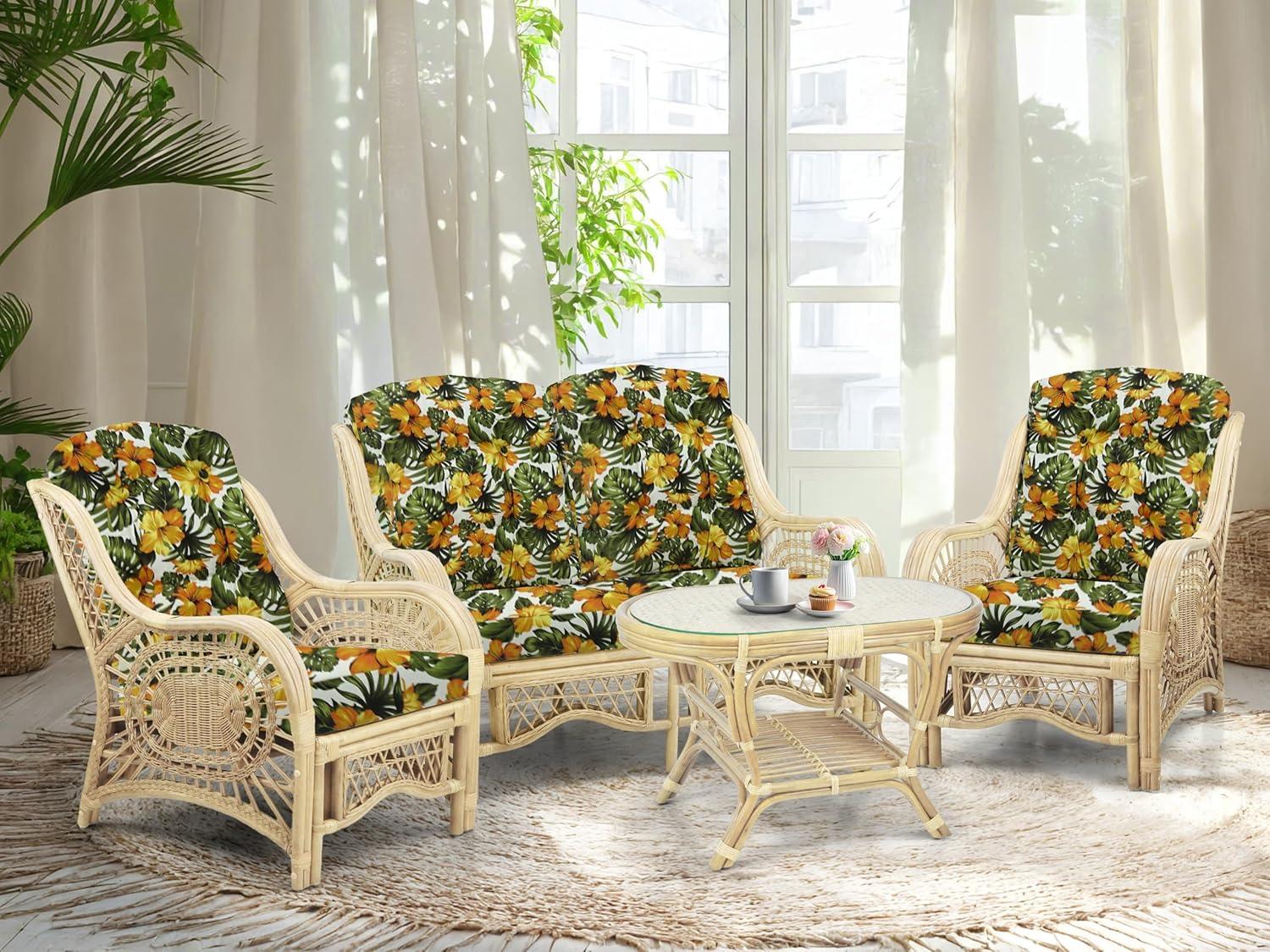 Bay Isle Home™ Malibu Lounge Set Of 4: 2 Natural Rattan Wicker Chairs, Loveseat And Coffee Table W/Glass Handmade, Natural Color